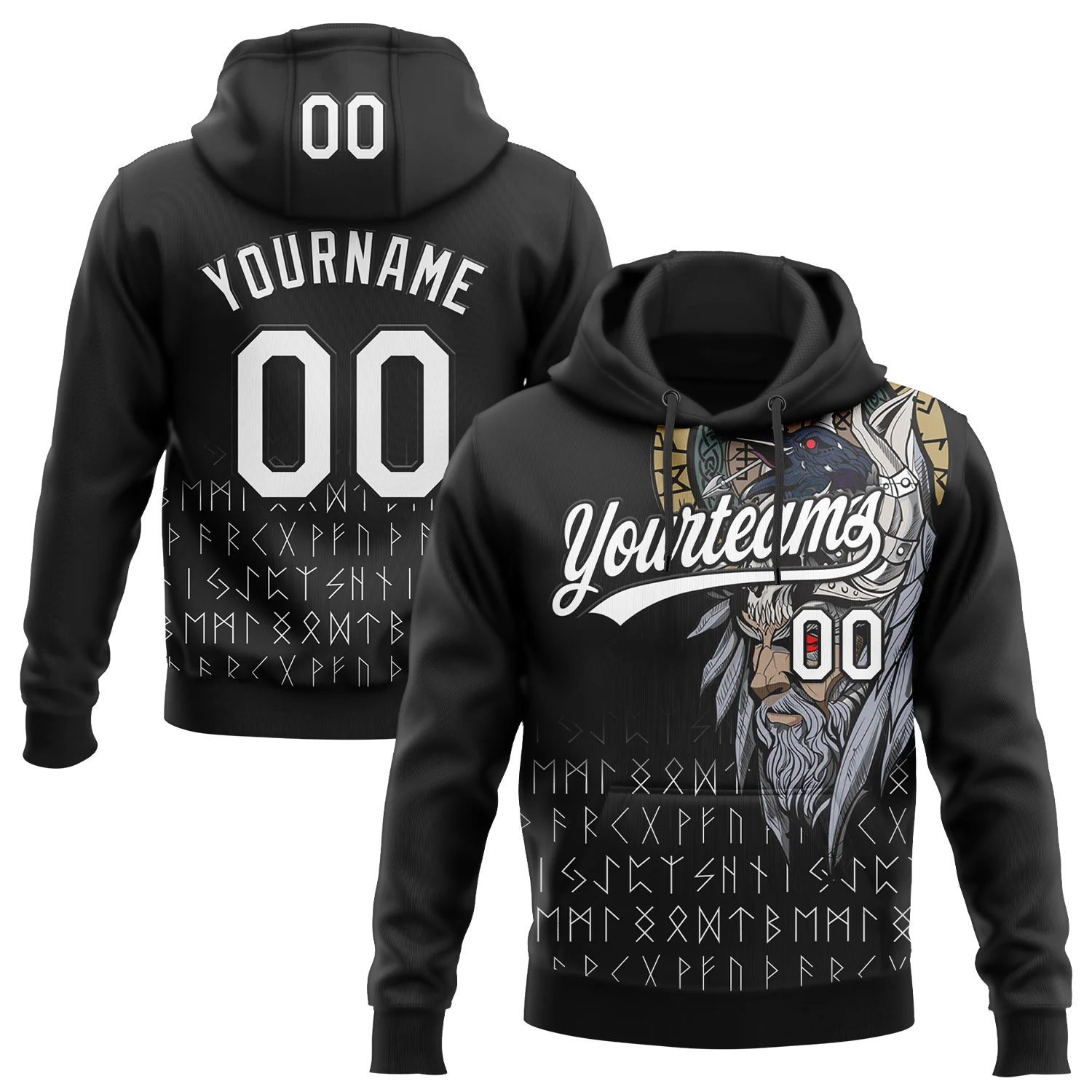 Custom Stitched Black White 3D Pattern Design Viking Pullover Sweatshirt Hoodie