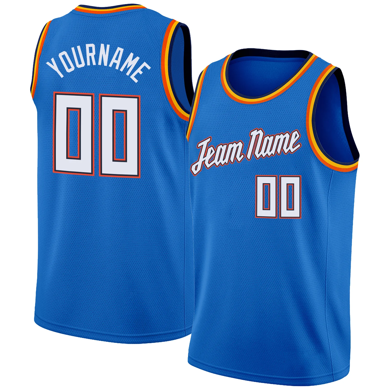 Custom Blue White-Orange Round Neck Rib-Knit Basketball Jersey