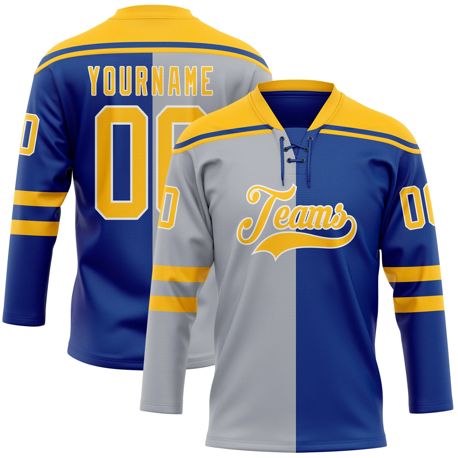 Custom Royal Gold Gray-White Split Fashion Hockey Lace Neck Jersey
