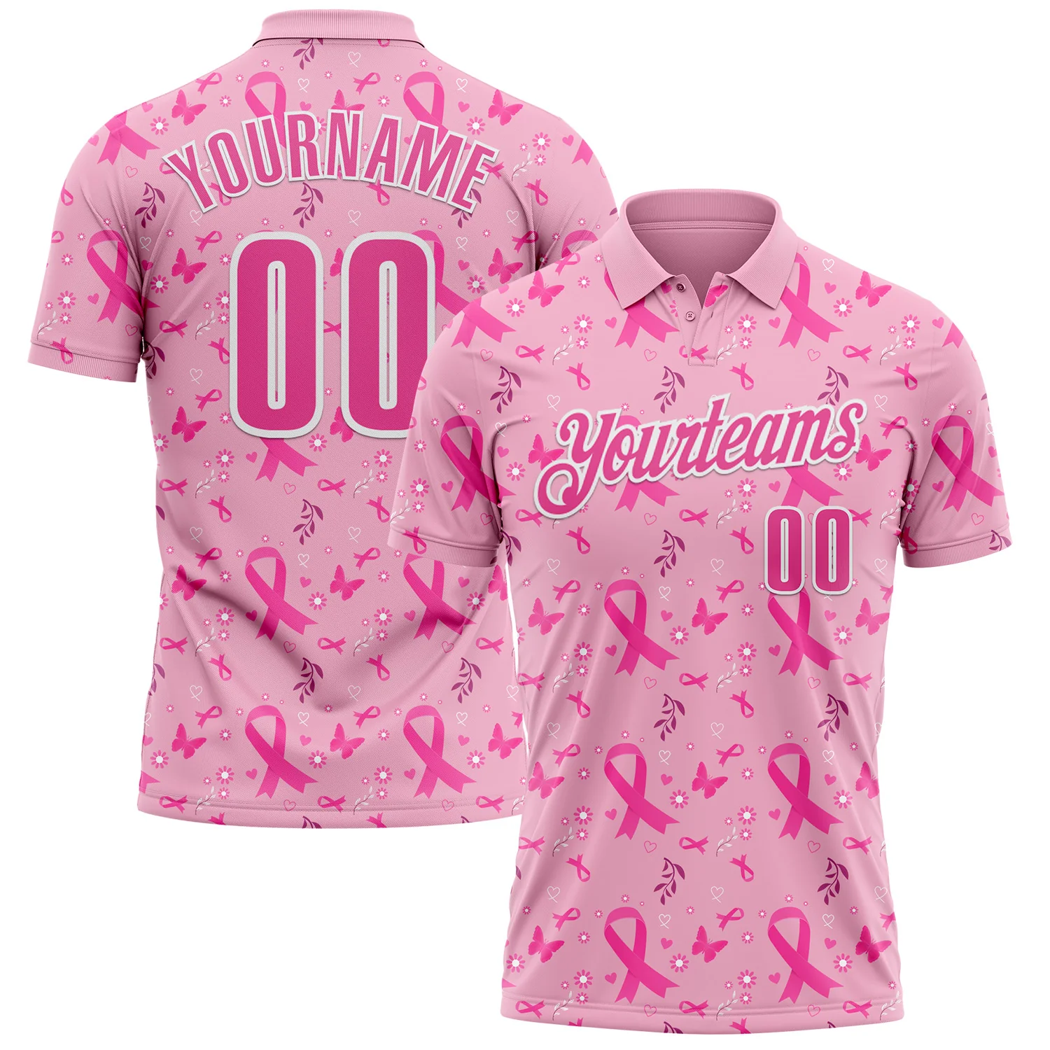 Custom Light Pink Pink-White 3D Pink Ribbon Breast Cancer Awareness Performance Polo Shirt