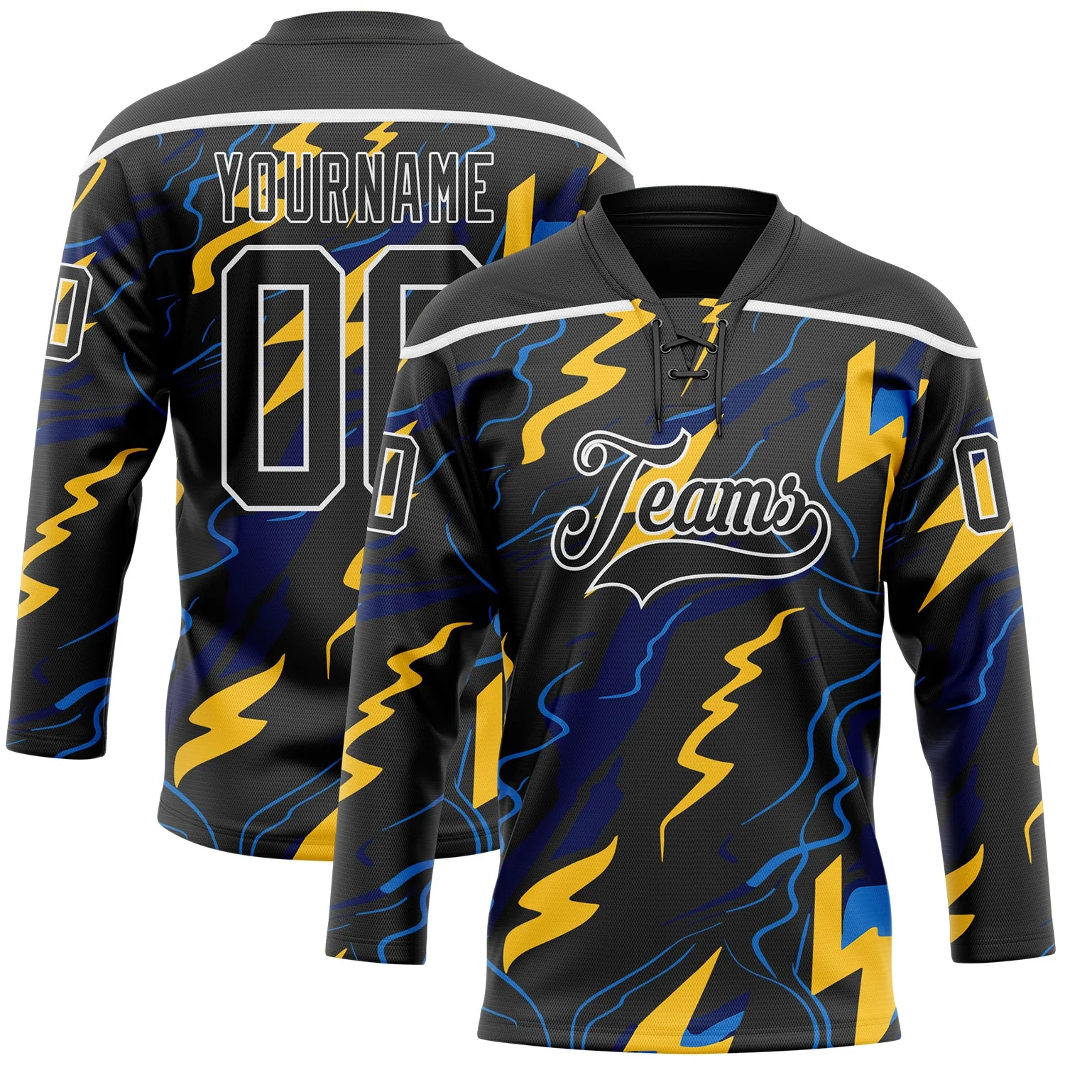 Custom Black Yellow Blue-White 3D Pattern Lightning Hockey Lace Neck Jersey