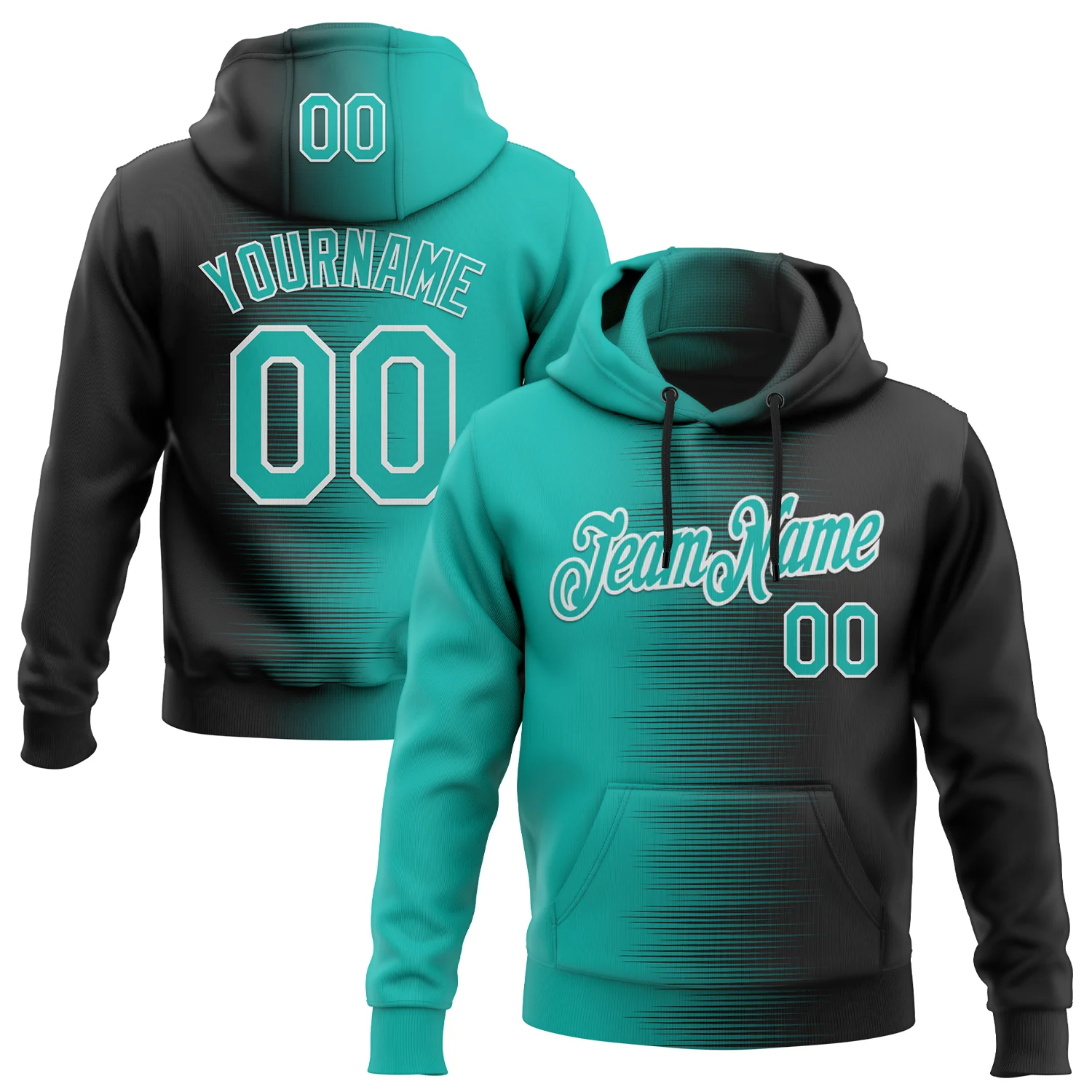 Custom Stitched Black Aqua-White 3D Pattern Design Gradient Line Sports Pullover Sweatshirt Hoodie
