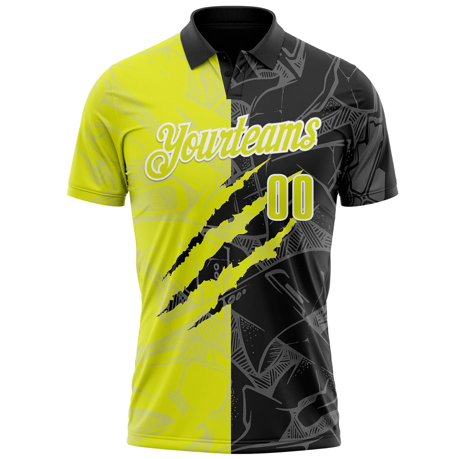 Custom Graffiti Pattern Neon Yellow Black-White 3D Scratch Performance Polo Shirt
