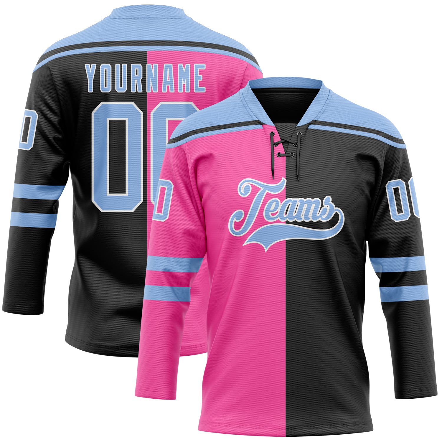 Custom Black Light Blue Pink-White Split Fashion Hockey Lace Neck Jersey