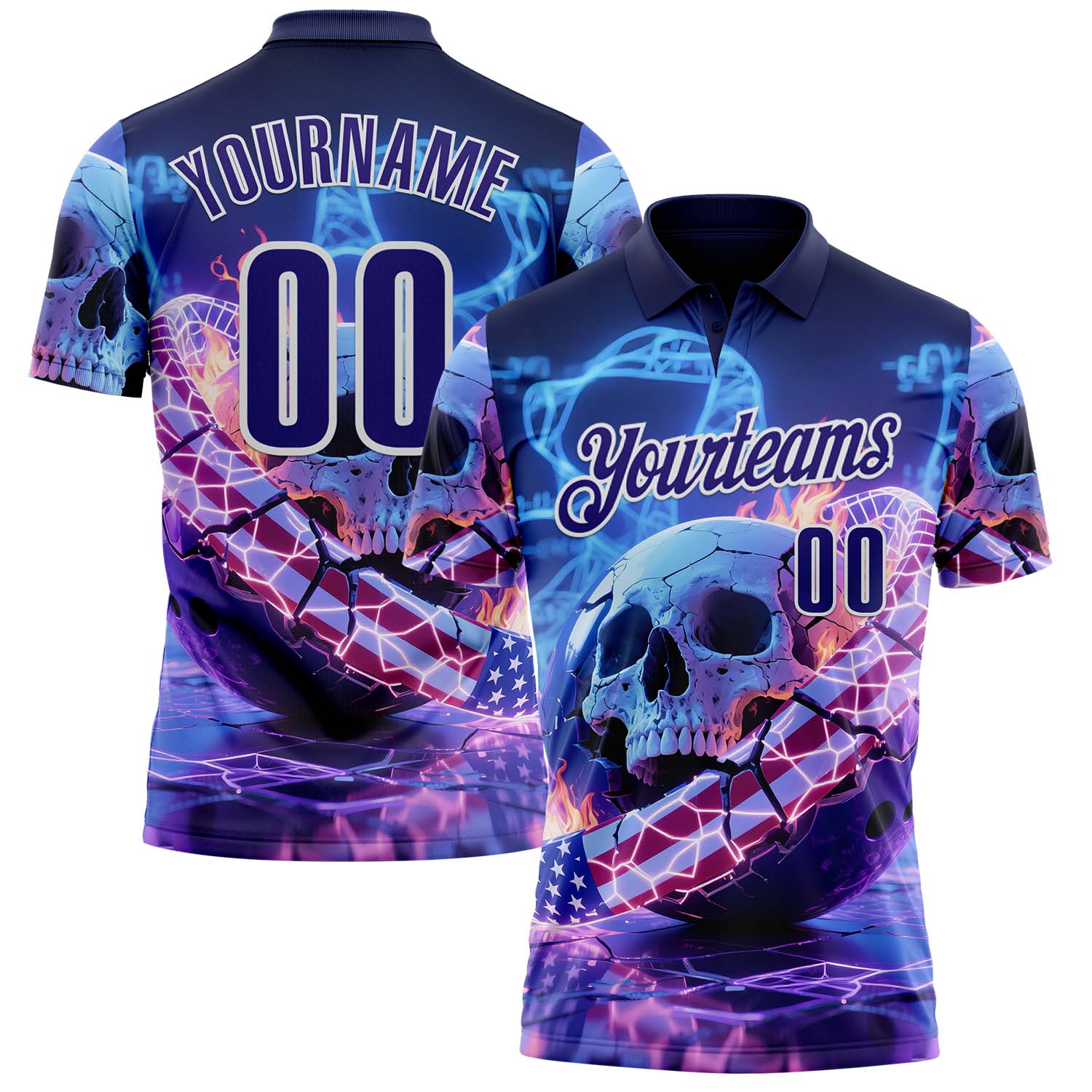 Custom Navy Dark Purple-White 3D American Flag Flame Lightning Skull Bowling Performance Polo Shirt