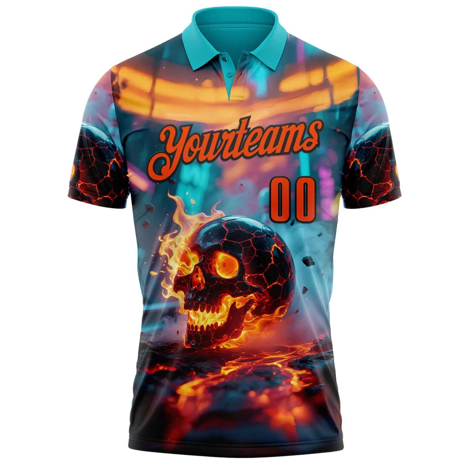 Custom Aqua Orange-Black 3D Flame Skull Bowling Performance Polo Shirt