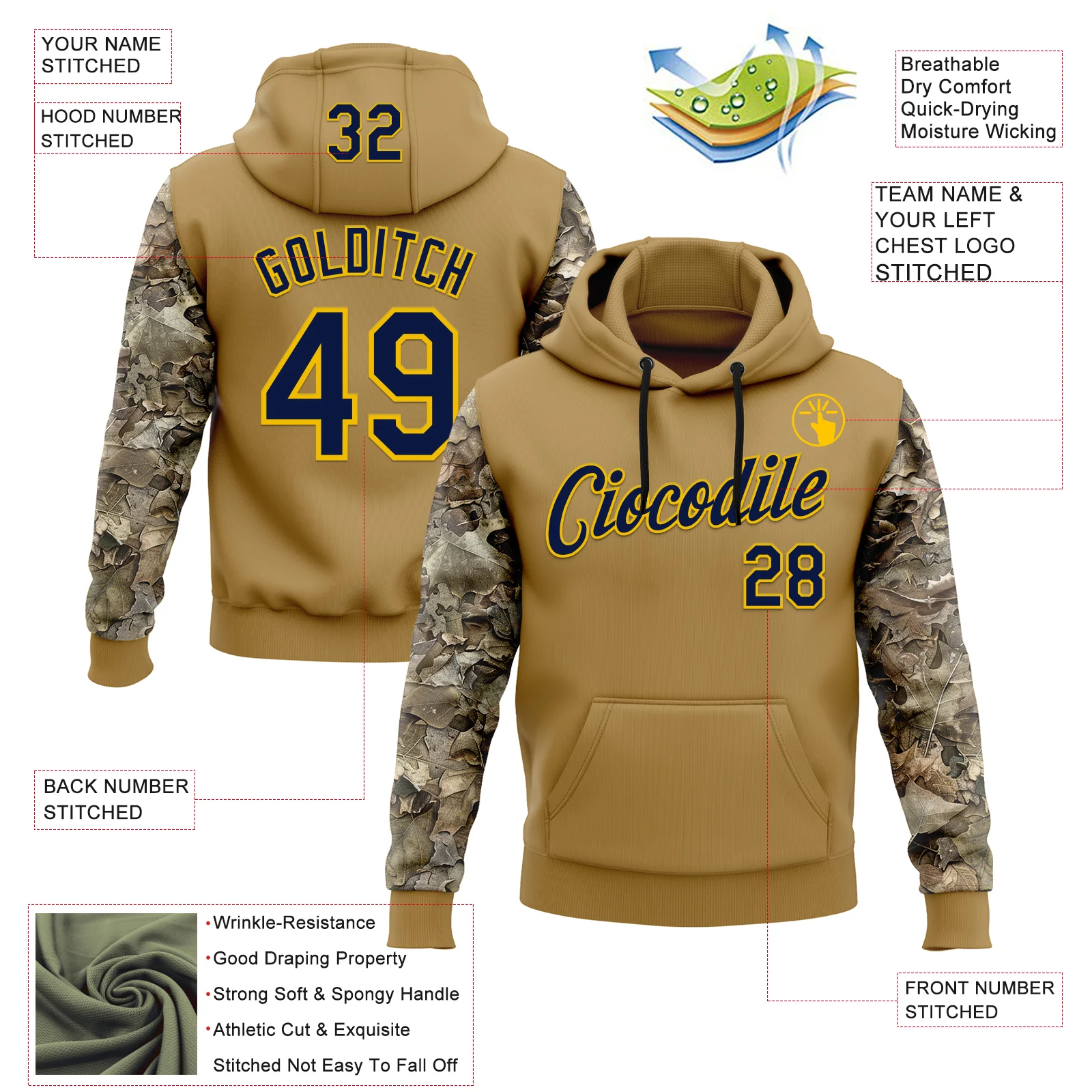 Custom Stitched Old Gold Navy-Yellow 3D Pattern Design Tree Camo Hunting Sports Pullover Sweatshirt Hoodie