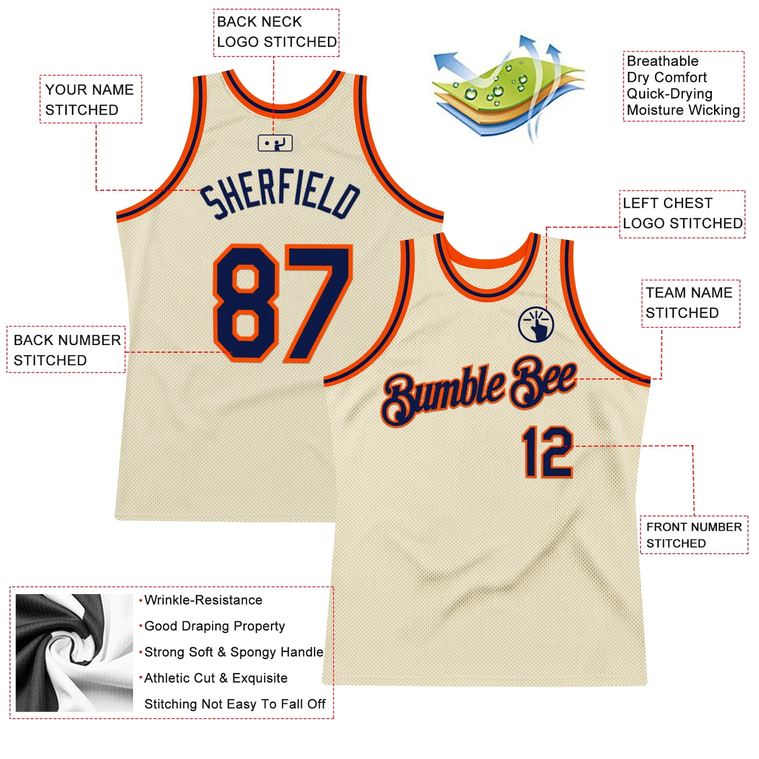 Custom Cream Navy-Orange Authentic Throwback Basketball Jersey