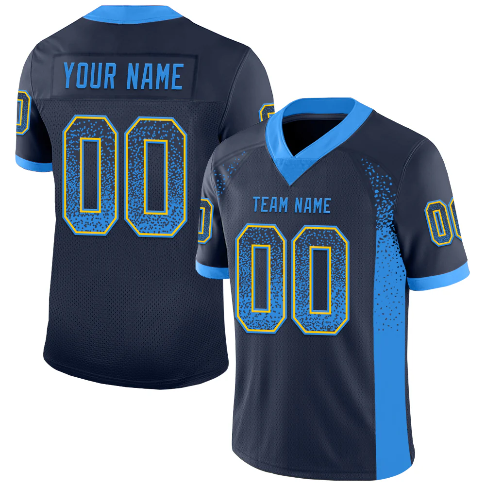 Custom Navy Powder Blue-Yellow Drift Fashion Football Jersey