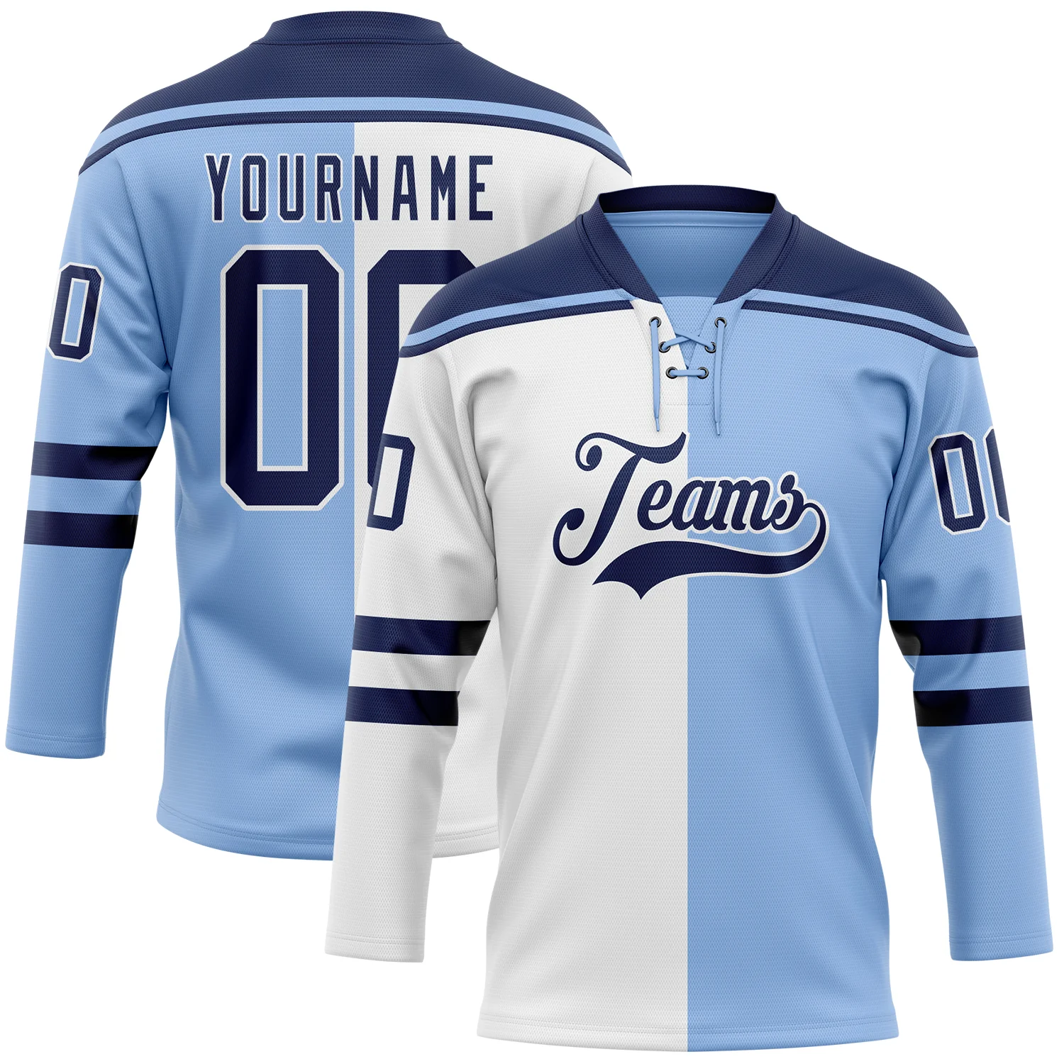 Custom Light Blue Navy-White Split Fashion Hockey Lace Neck Jersey