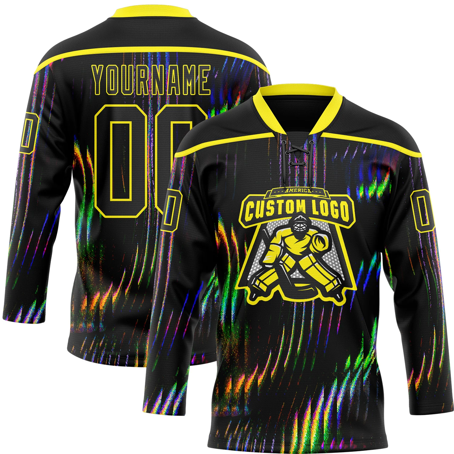 Custom Black Light Yellow 3D Pattern Trippy Psychedelic Fluid Hockey Lace Neck Jersey
