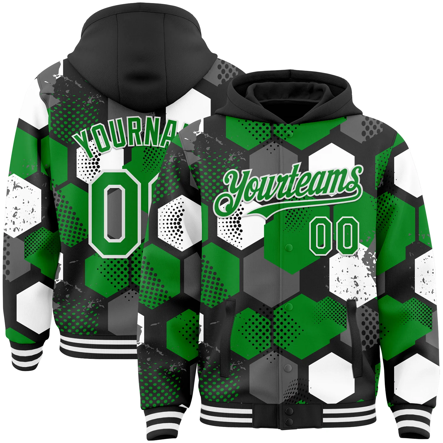 Custom Black Grass Green-White Geometric Shape 3D Pattern Design Bomber Full-Snap Varsity Letterman Hoodie Jacket