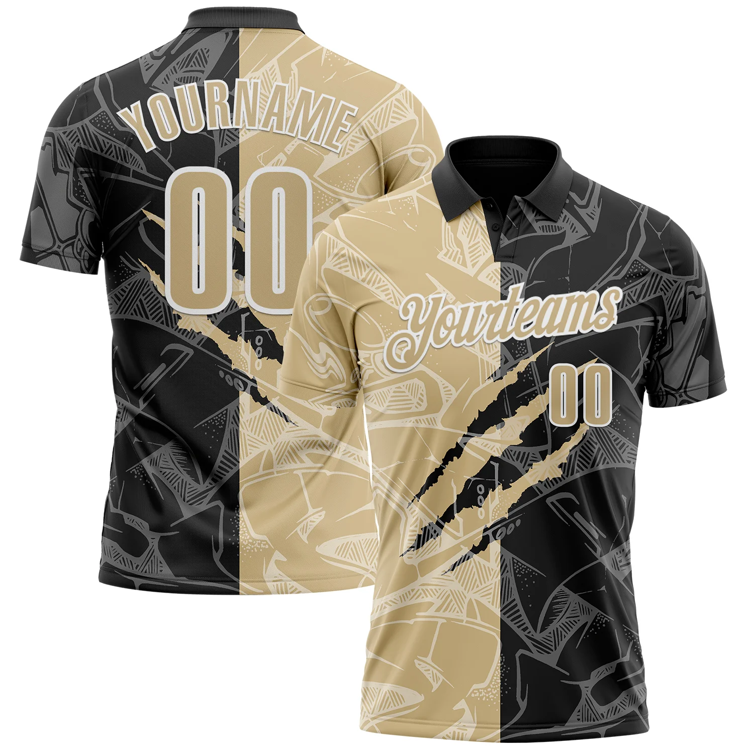 Custom Graffiti Pattern Vegas Gold Black-White 3D Scratch Performance Polo Shirt