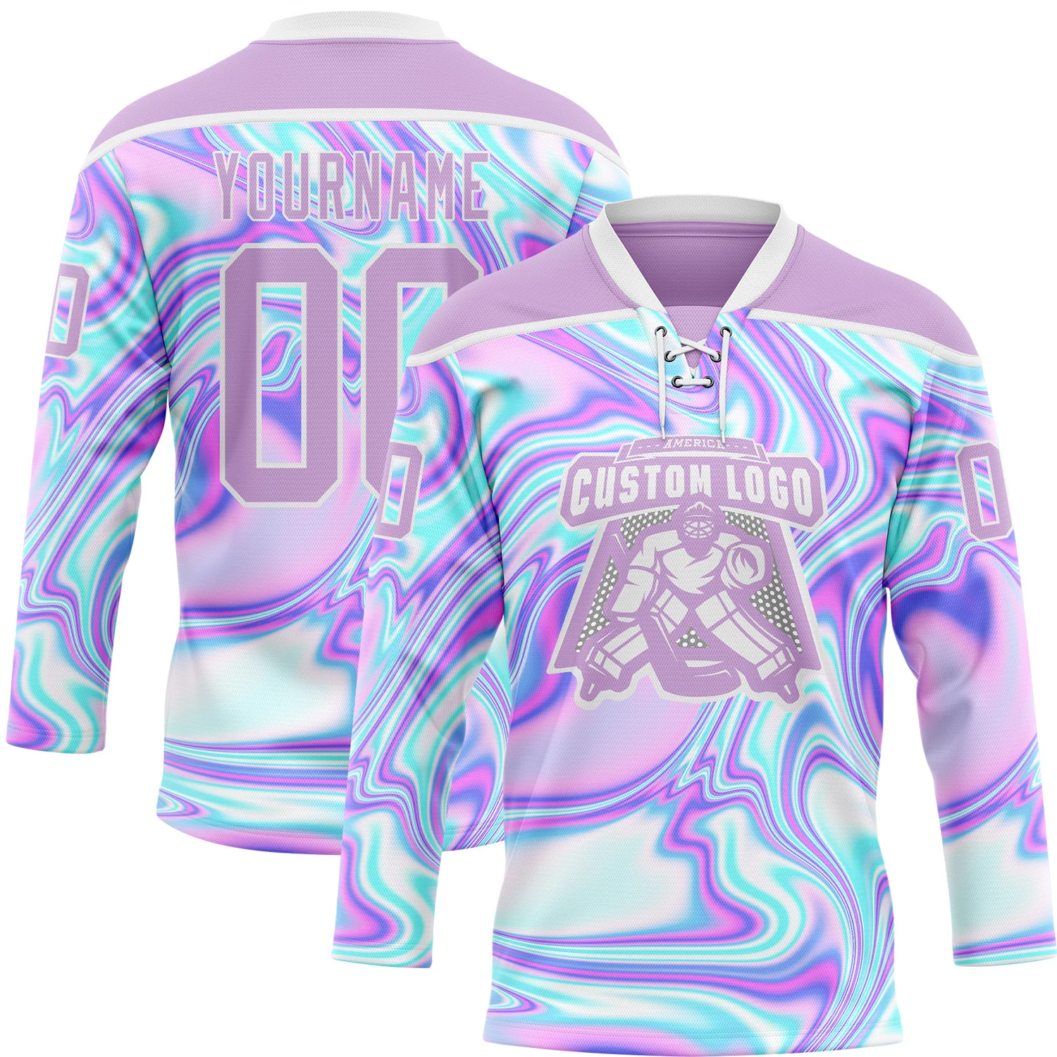 Custom Light Purple Pink Blue-White 3D Pattern Trippy Psychedelic Fluid Trendy Holographic Vaporwave Style Hockey Lace Neck Jersey