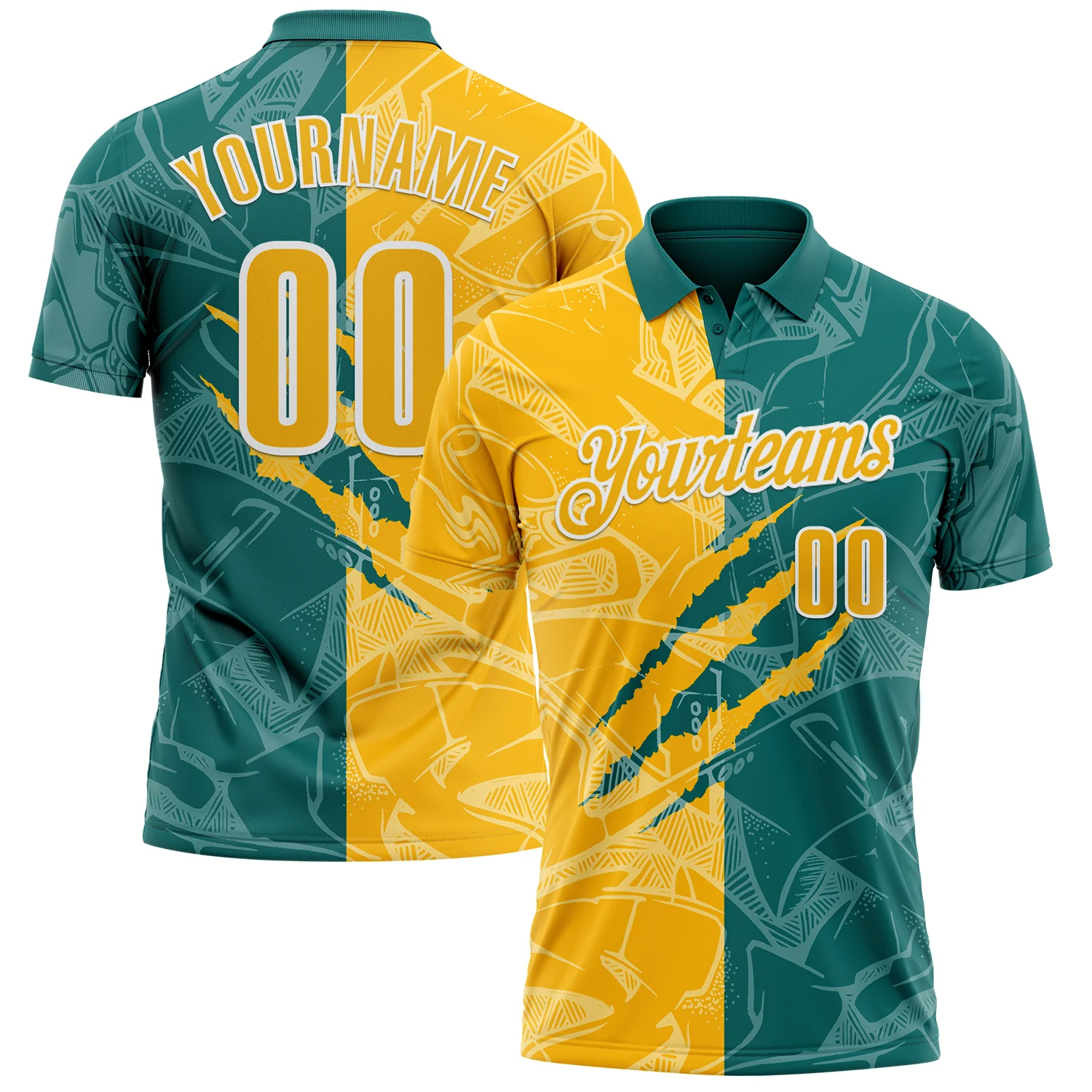 Custom Graffiti Pattern Gold Teal-White 3D Scratch Performance Polo Shirt