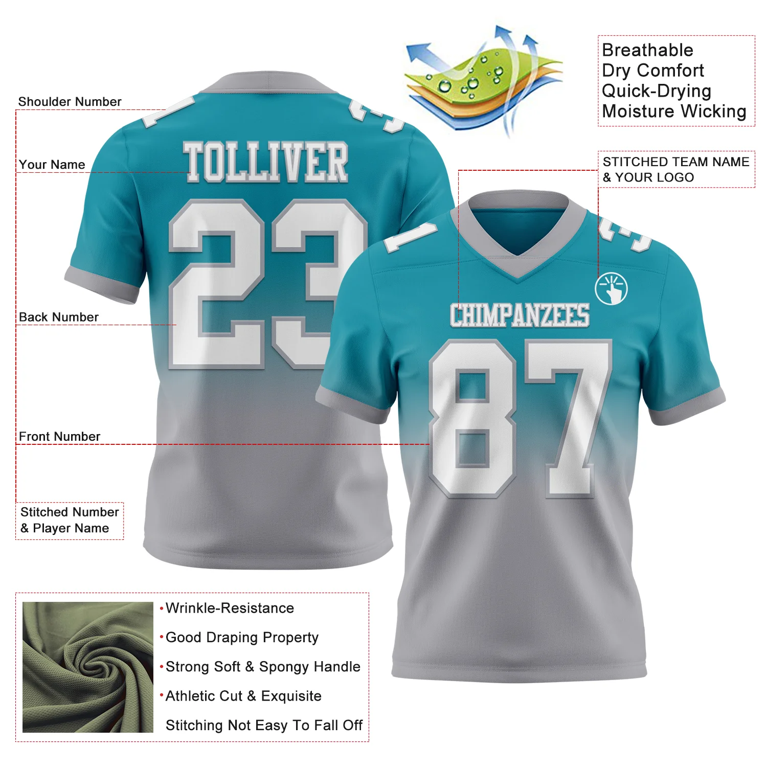 Custom Teal White-Gray Authentic Fade Fashion Football Jersey