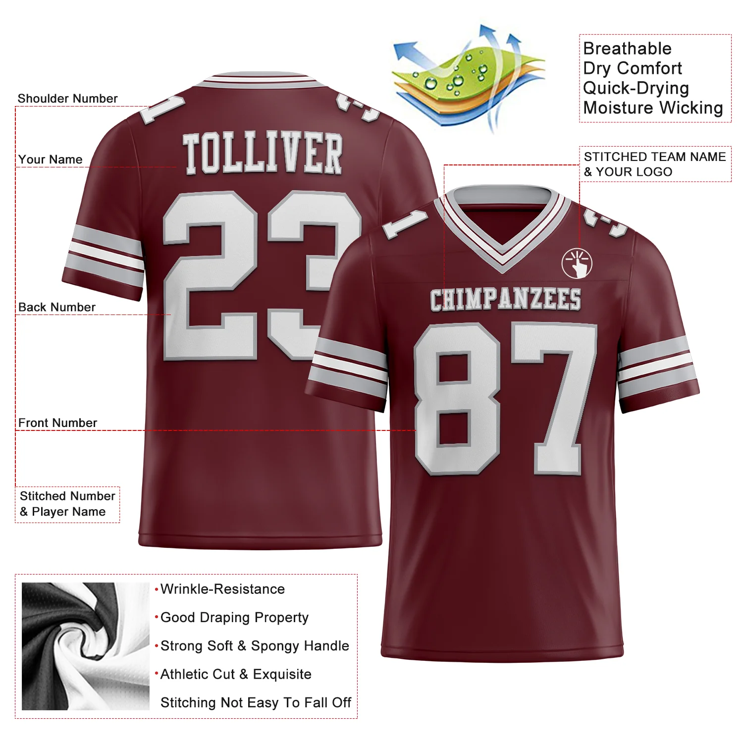 Custom Burgundy White-Gray Authentic Football Jersey