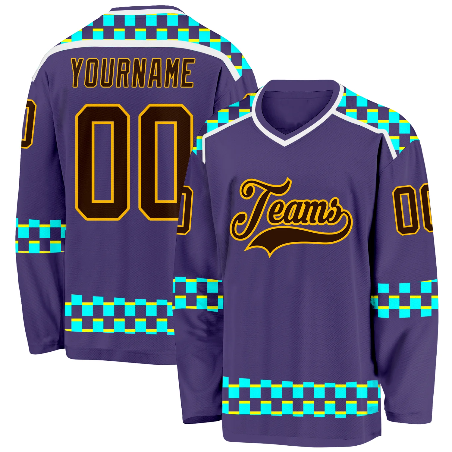 Custom Purple Brown Gold Blue Light Yellow-White 3D Pattern Plaid Hockey Jersey
