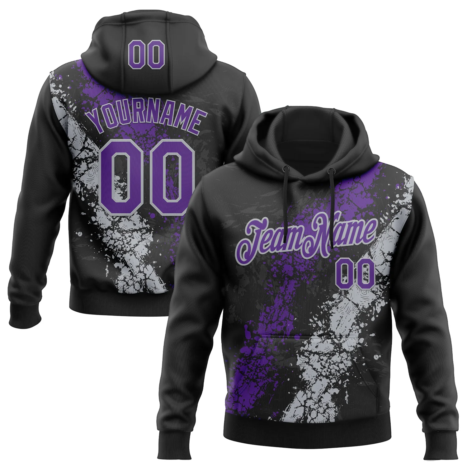 Custom Stitched Black Purple-Gray 3D Pattern Design Splash Sports Pullover Sweatshirt Hoodie