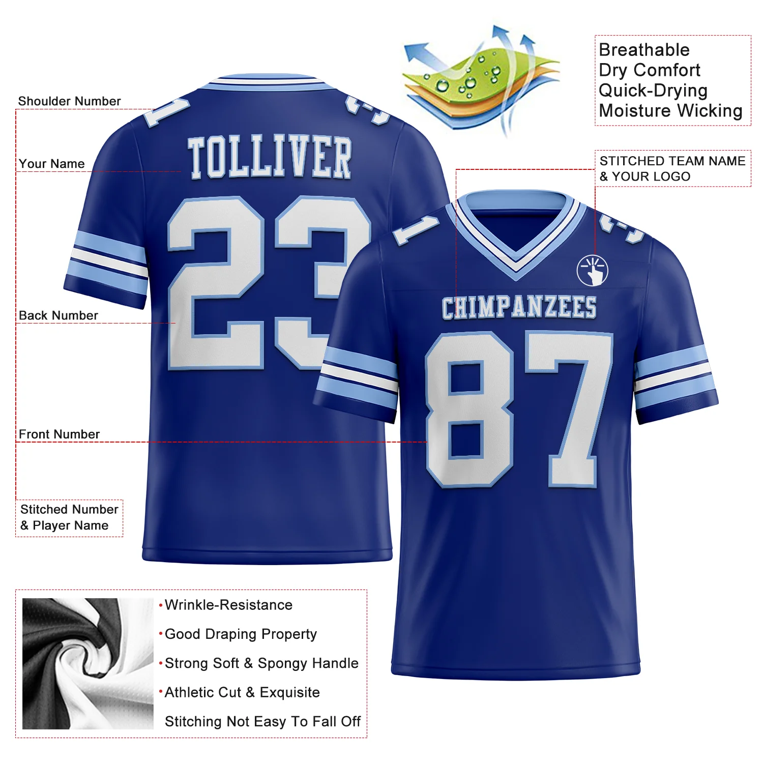 Custom Royal White-Light Blue Authentic Football Jersey