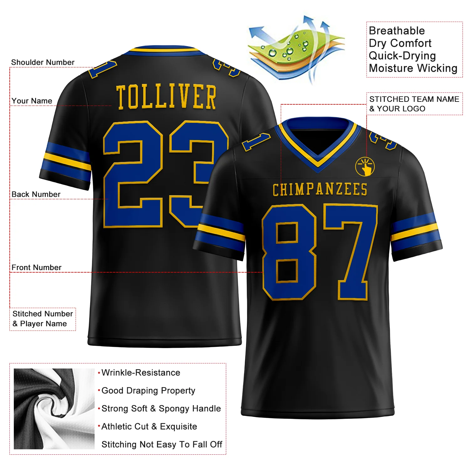 Custom Black Royal-Yellow Authentic Football Jersey