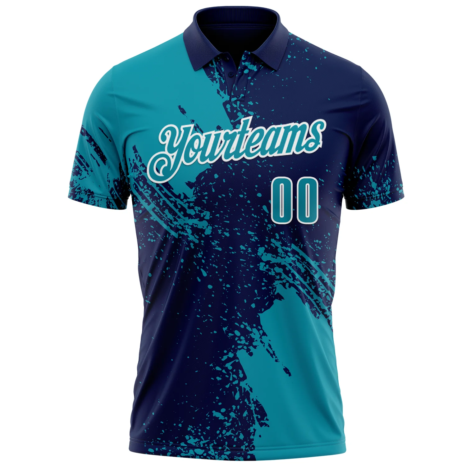 Custom Teal Navy-White 3D Pattern Design Abstract Brush Stroke Performance Polo Shirt