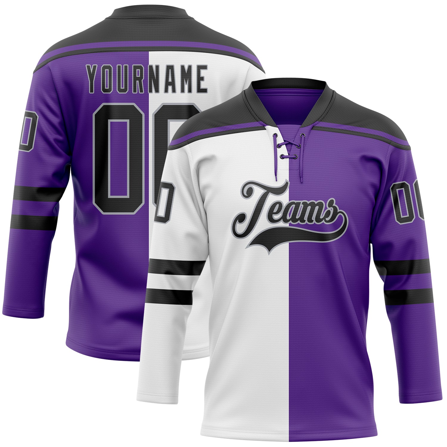 Custom Purple Black Gray-White Split Fashion Hockey Lace Neck Jersey