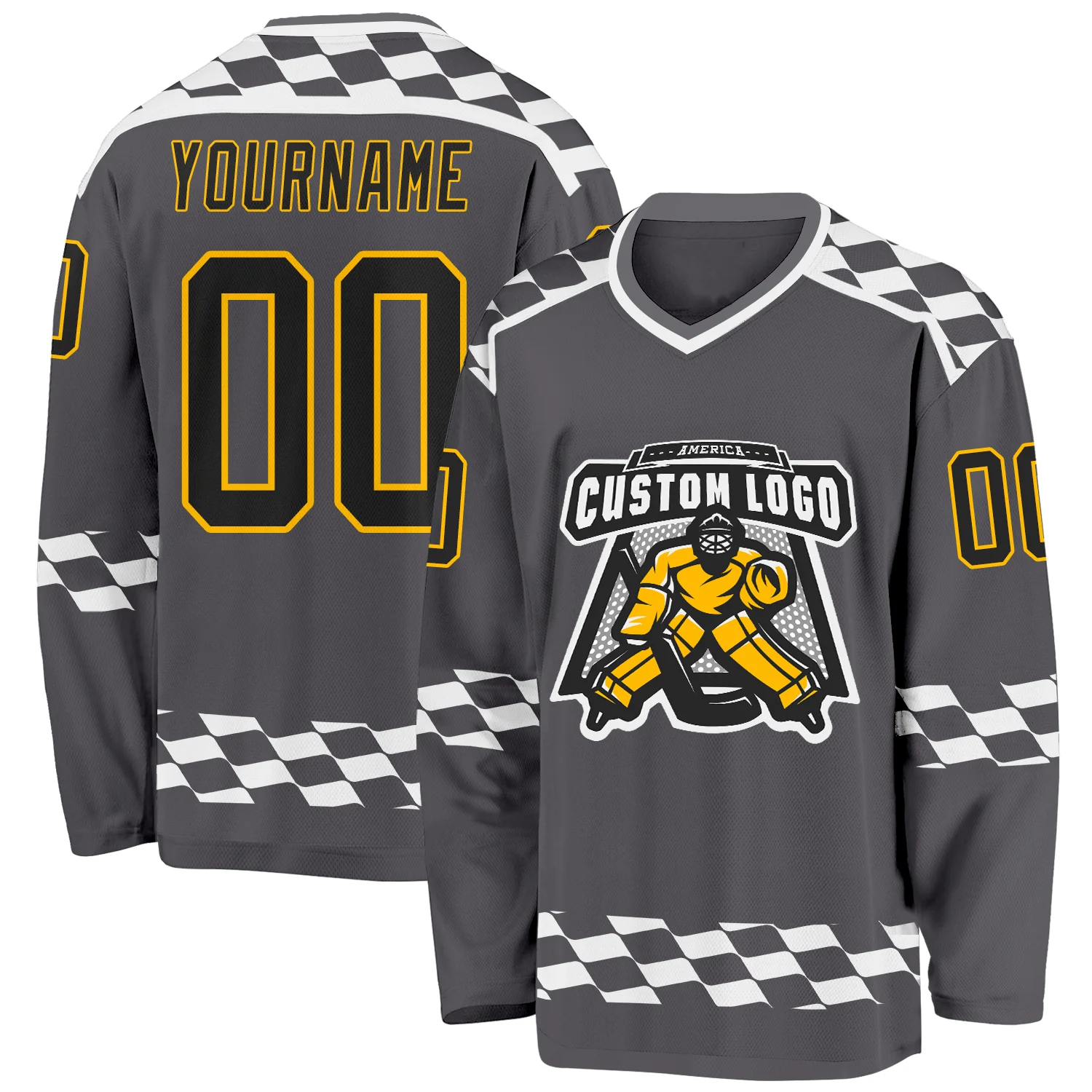 Custom Steel Gray Black Gold-White 3D Pattern Plaid Hockey Jersey