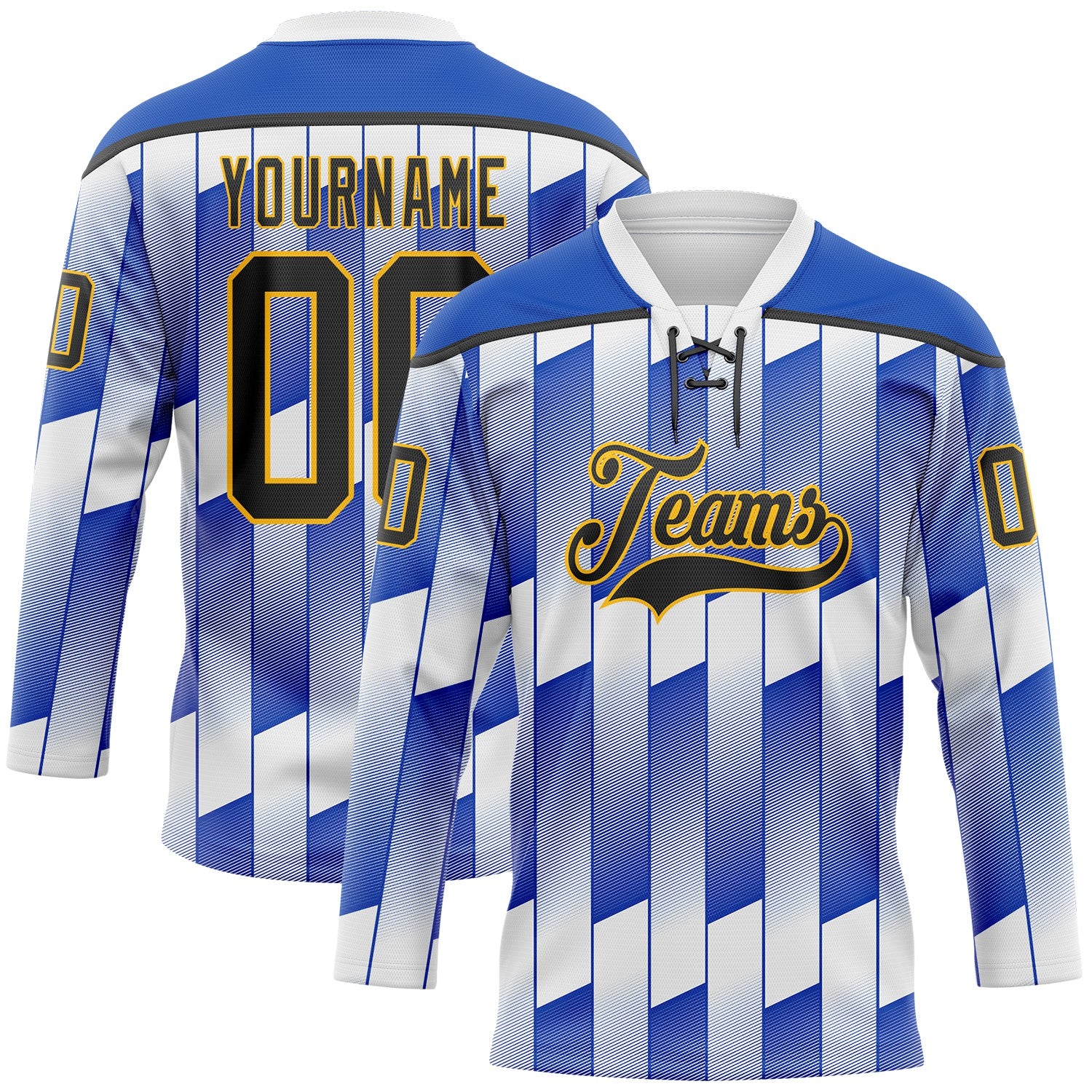 Custom White Black Thunder Blue-Gold 3D Pattern Design Stripe Gradient Hockey Lace Neck Jersey