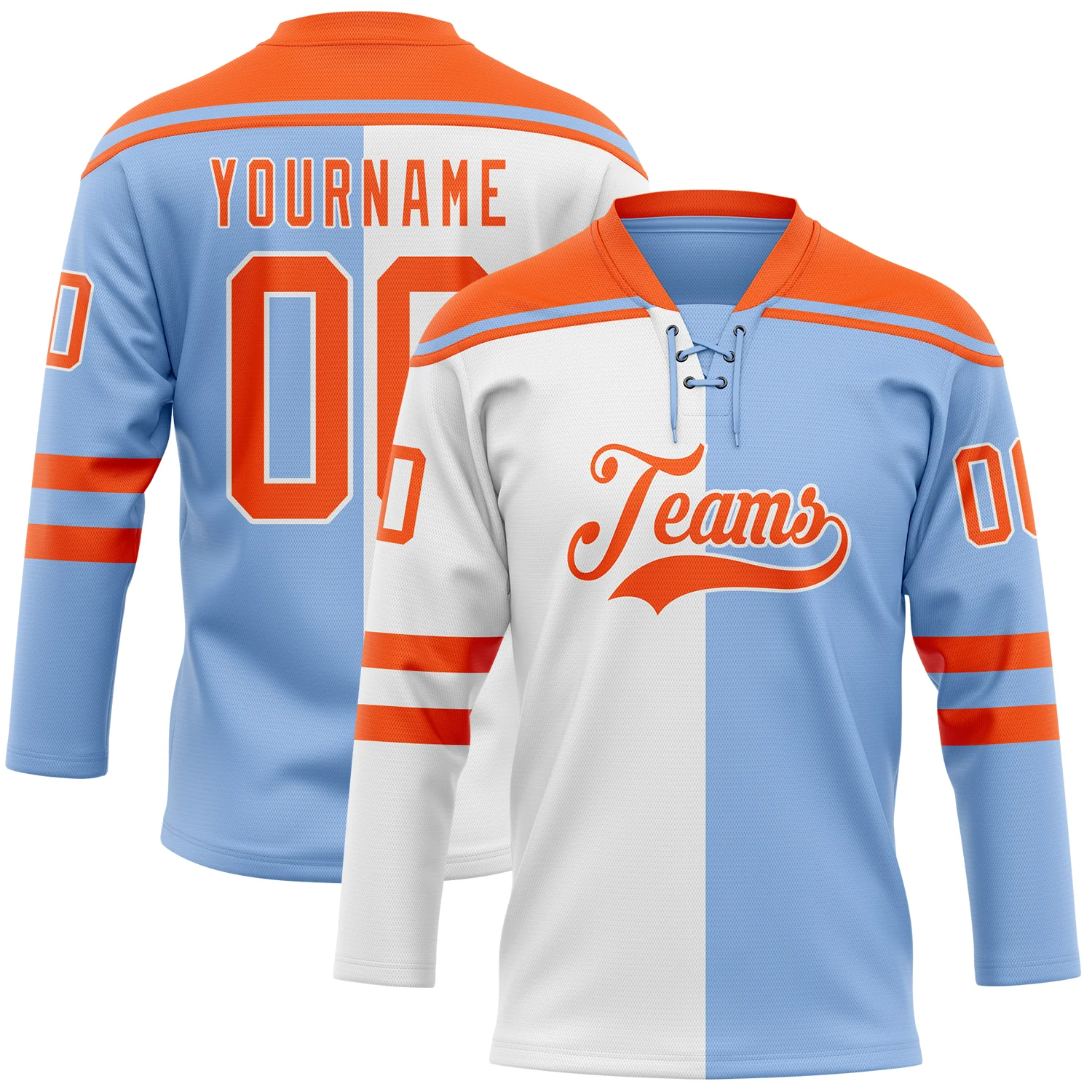 Custom Light Blue Orange-White Split Fashion Hockey Lace Neck Jersey