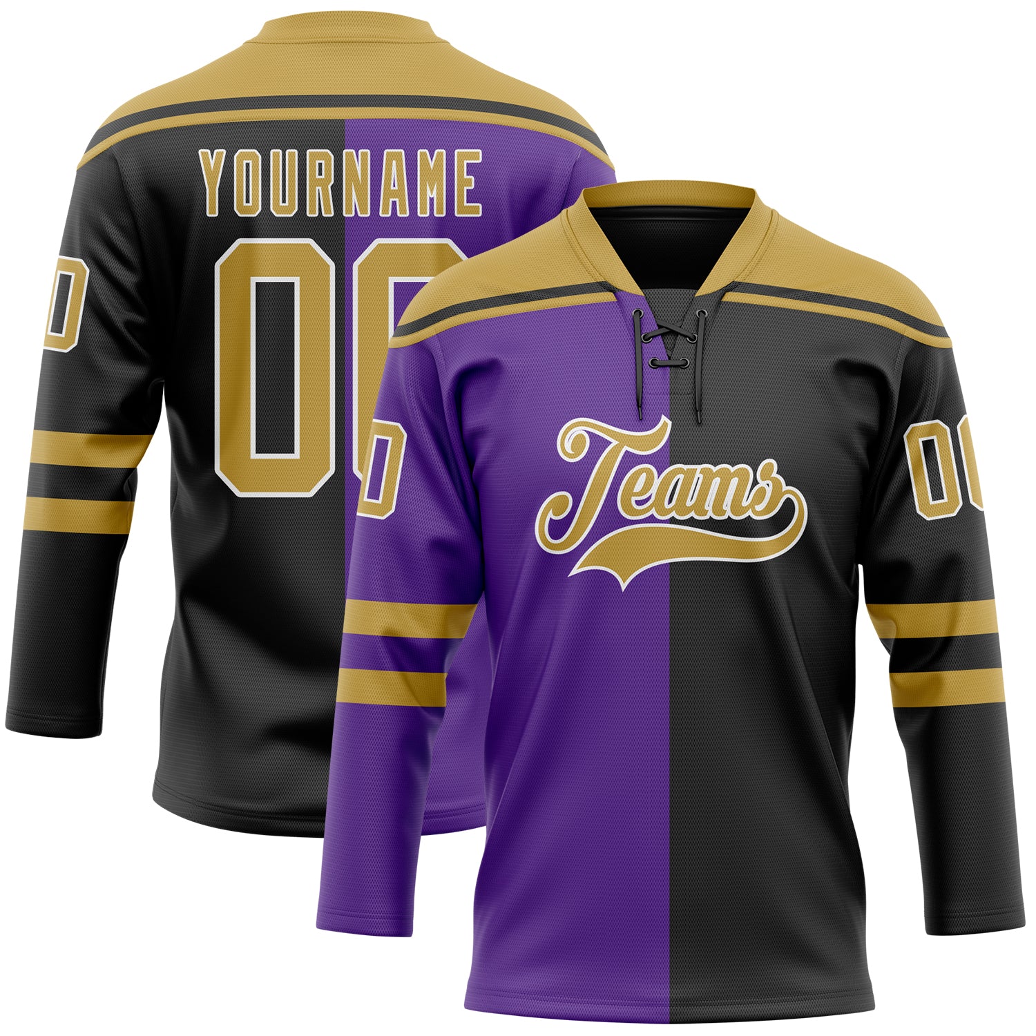 Custom Black Old Gold Purple-White Split Fashion Hockey Lace Neck Jersey