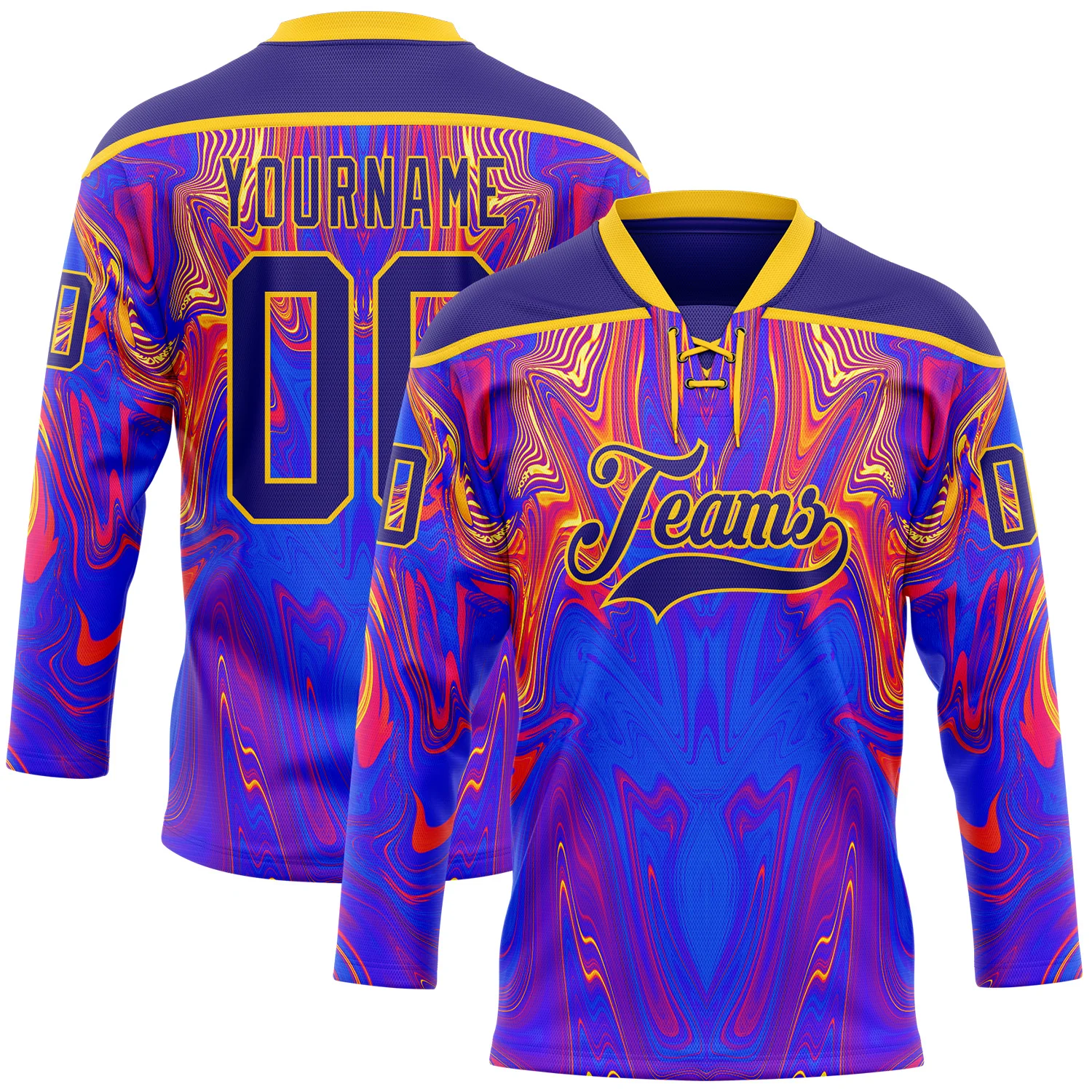 Custom Dark Purple Red-Yellow 3D Pattern Trippy Psychedelic Fluid Hockey Lace Neck Jersey