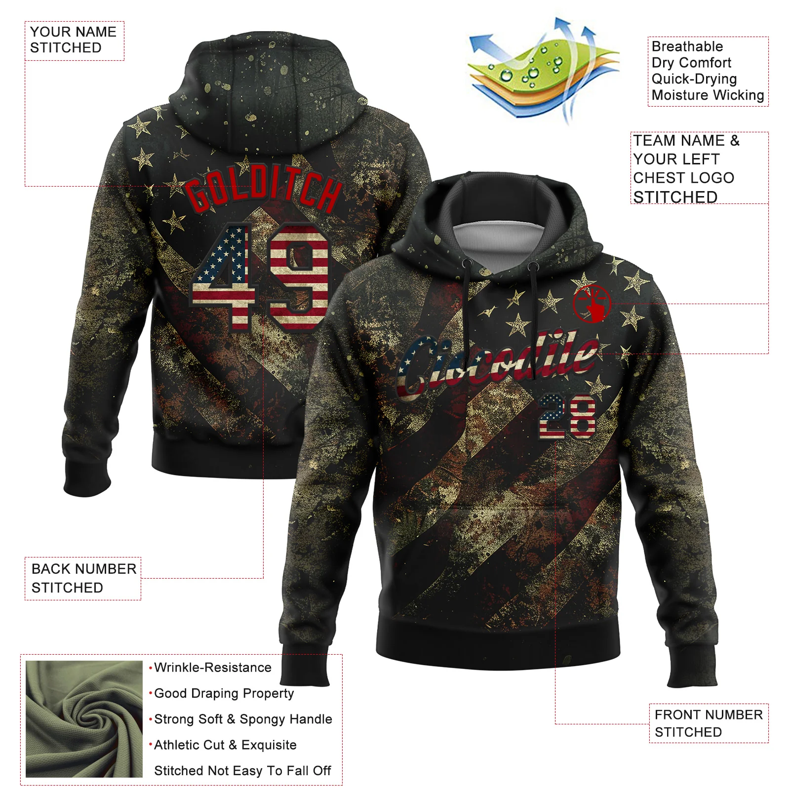 Custom Stitched Black Vintage USA Flag-Red 3D American Flag Retro Distressed Grunge Sports Pullover Sweatshirt Hoodie