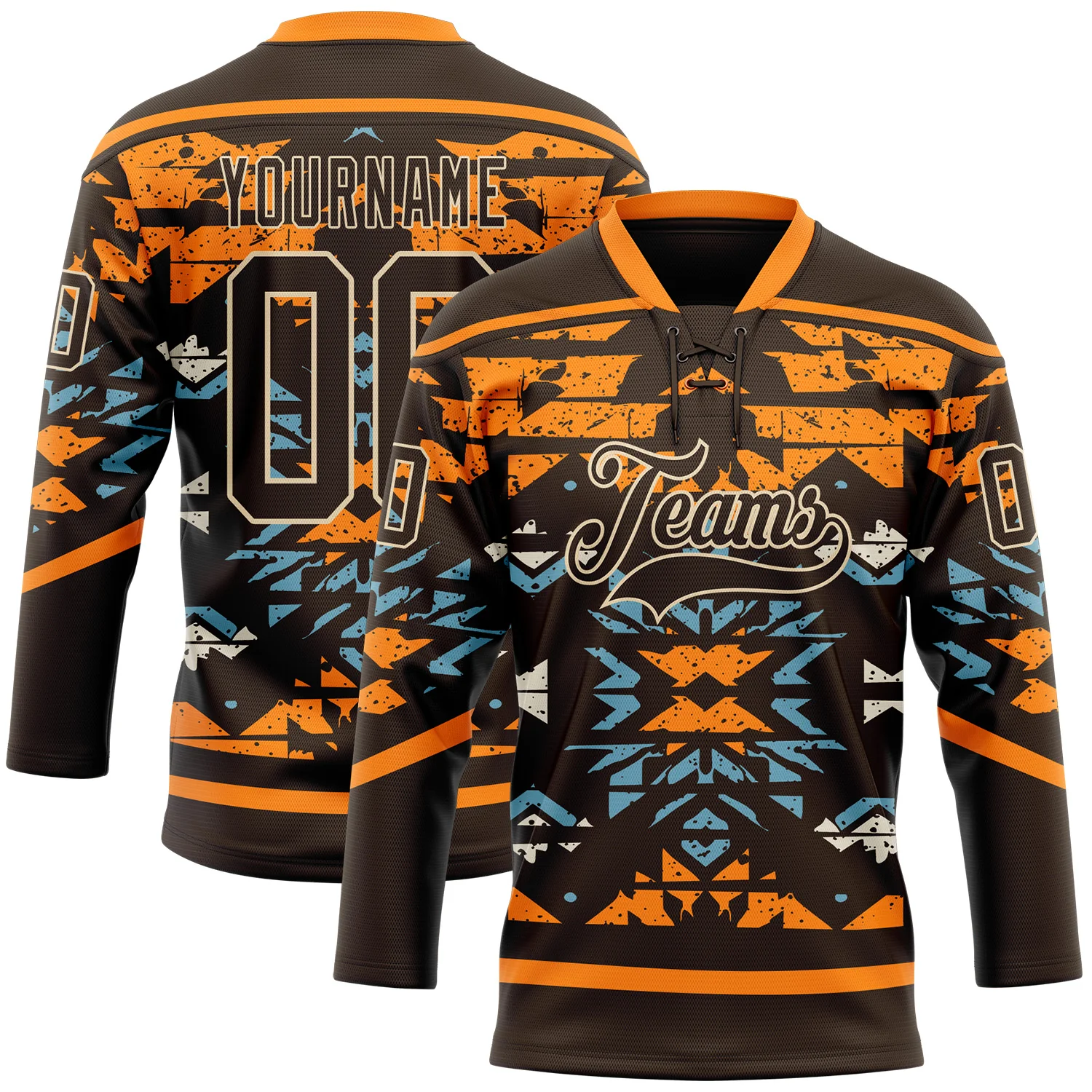 Custom Brown Bay Orange Blue-City Cream 3D Pattern Tribal Indigenous Grunge Splash Hockey Lace Neck Jersey