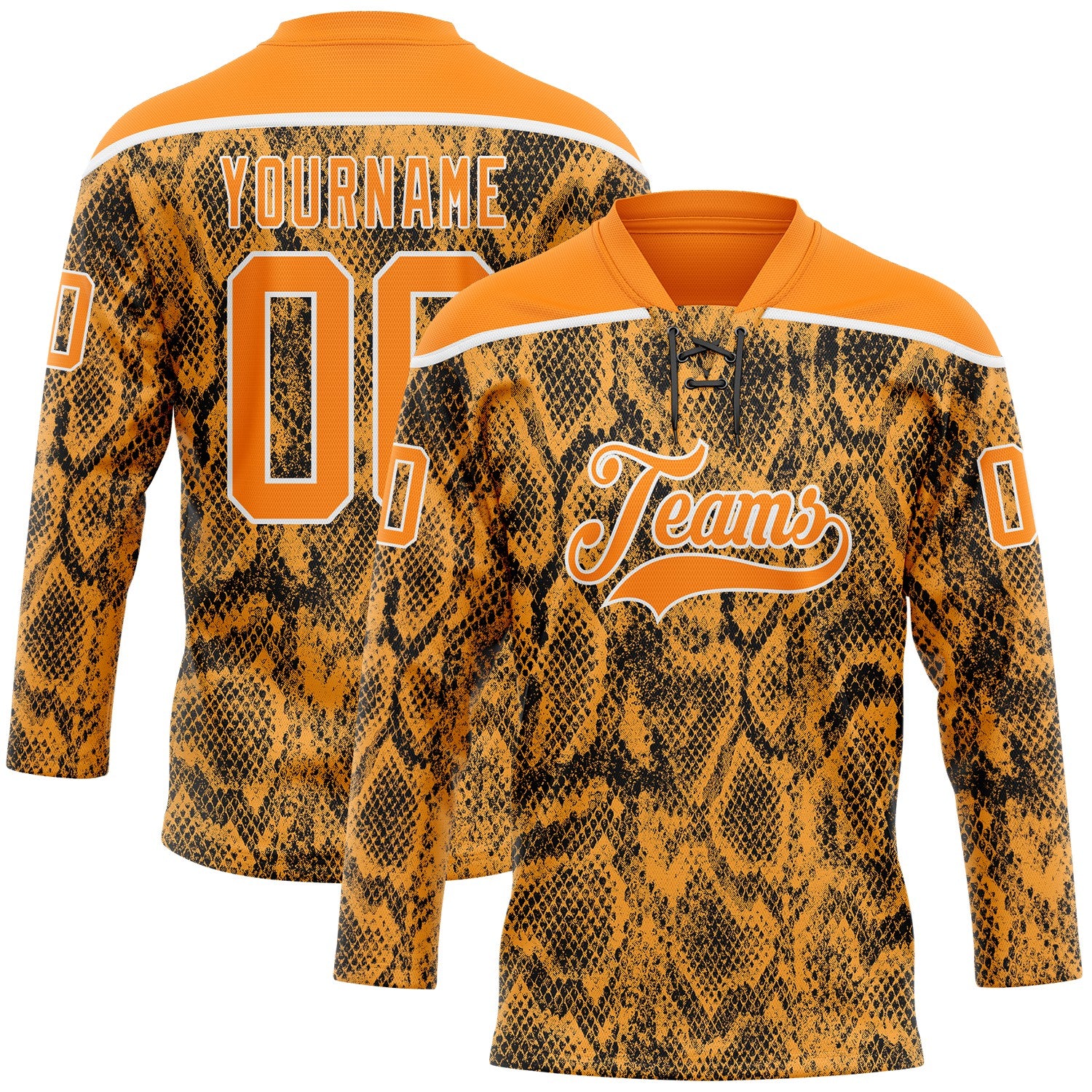 Custom Bay Orange Black-White 3D Pattern Snake Skin Print Hockey Lace Neck Jersey