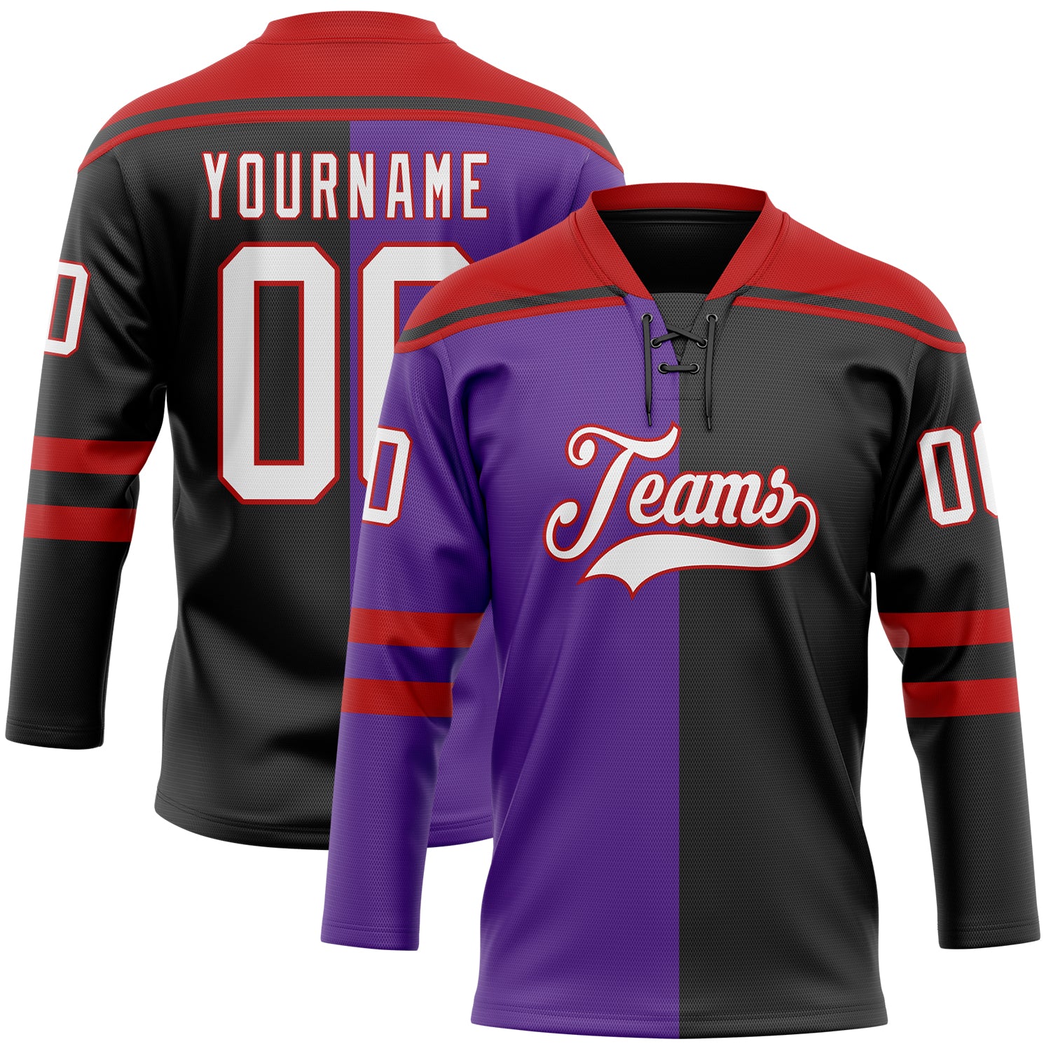 Custom Black White Purple-Red Split Fashion Hockey Lace Neck Jersey