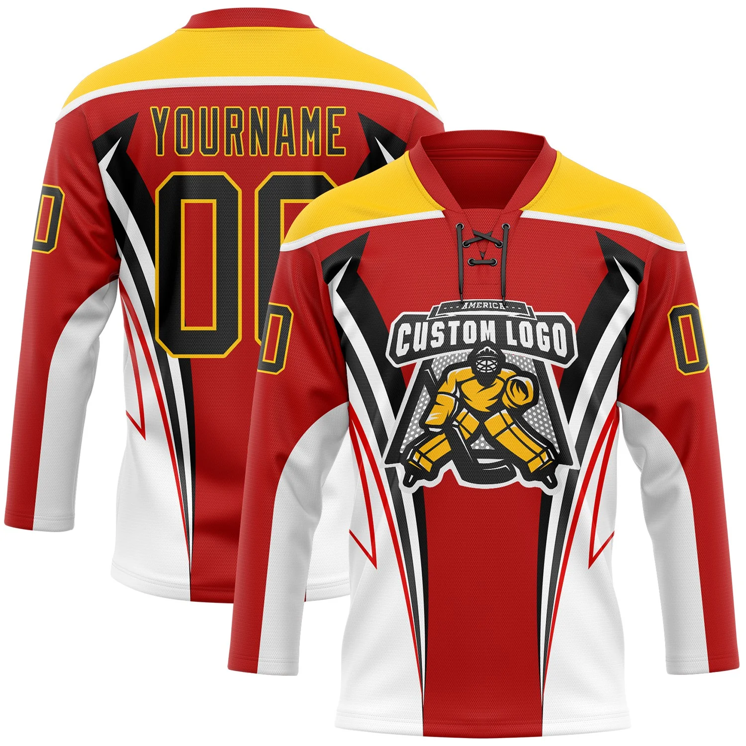 Custom Red Black Yellow-White 3D Abstract Pattern Graphic Cyber Mecha E-sport Hockey Lace Neck Jersey