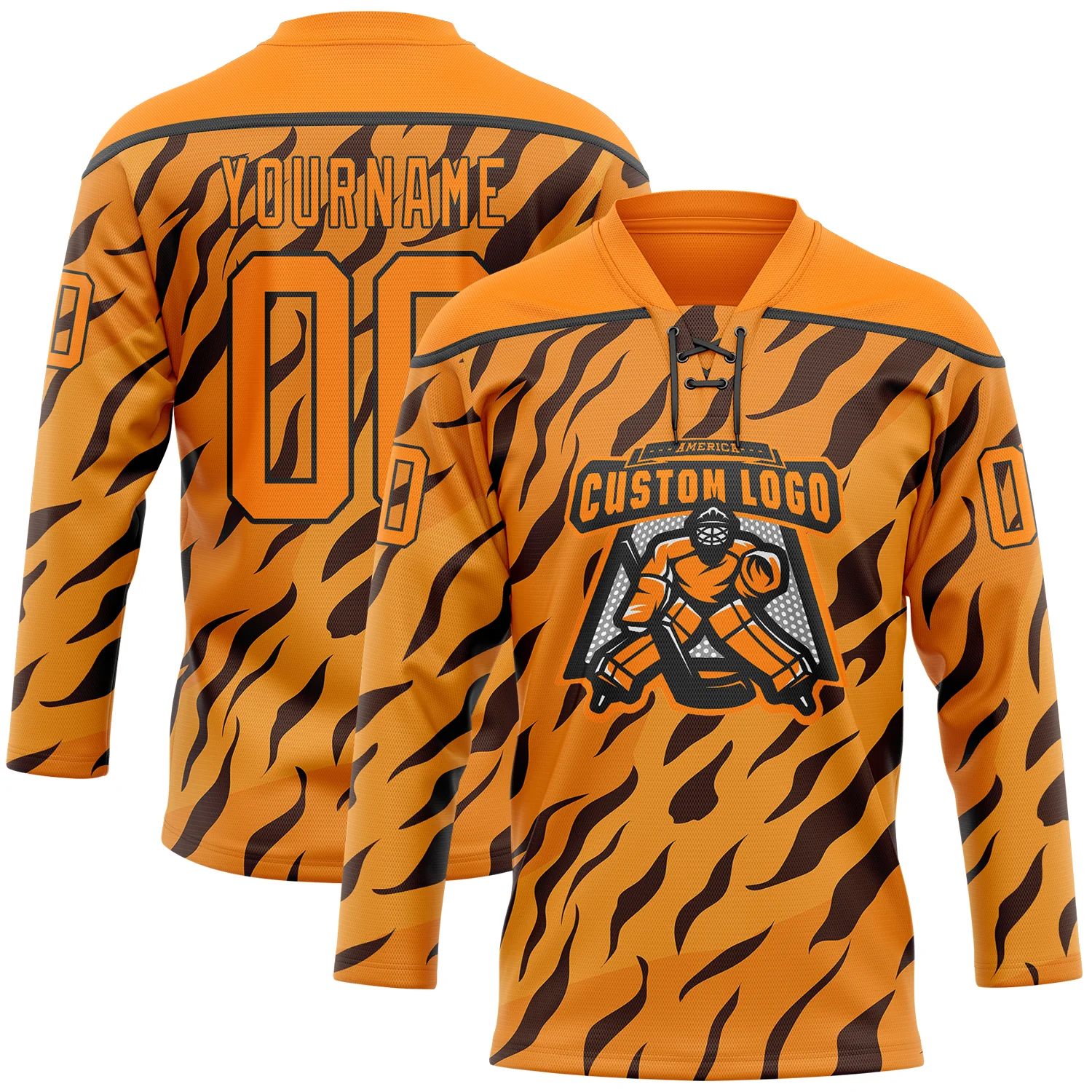 Custom Bay Orange Black 3D Pattern Tiger Print Neon Hockey Lace Neck Jersey