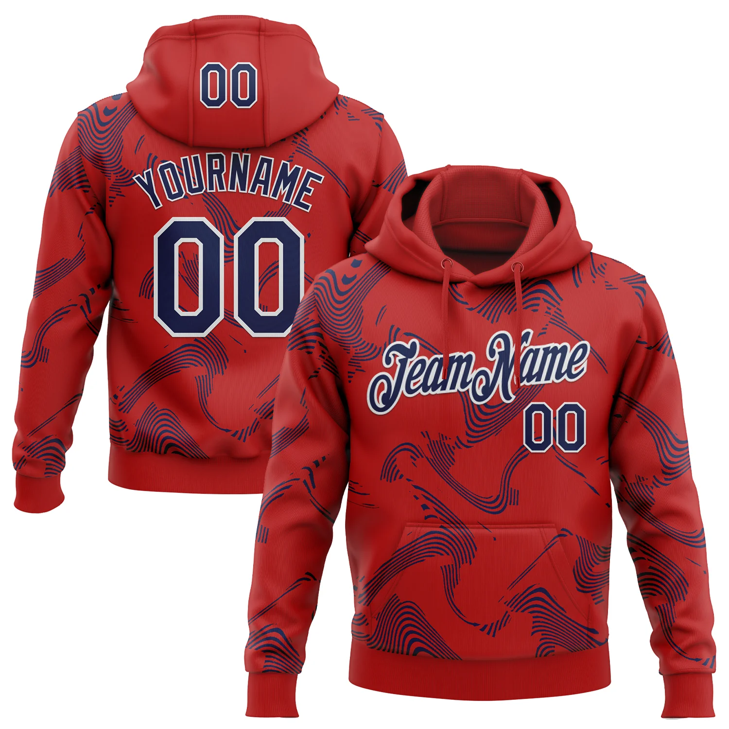 Custom Stitched Red Navy-White 3D Pattern Design Curve Lines Sports Pullover Sweatshirt Hoodie