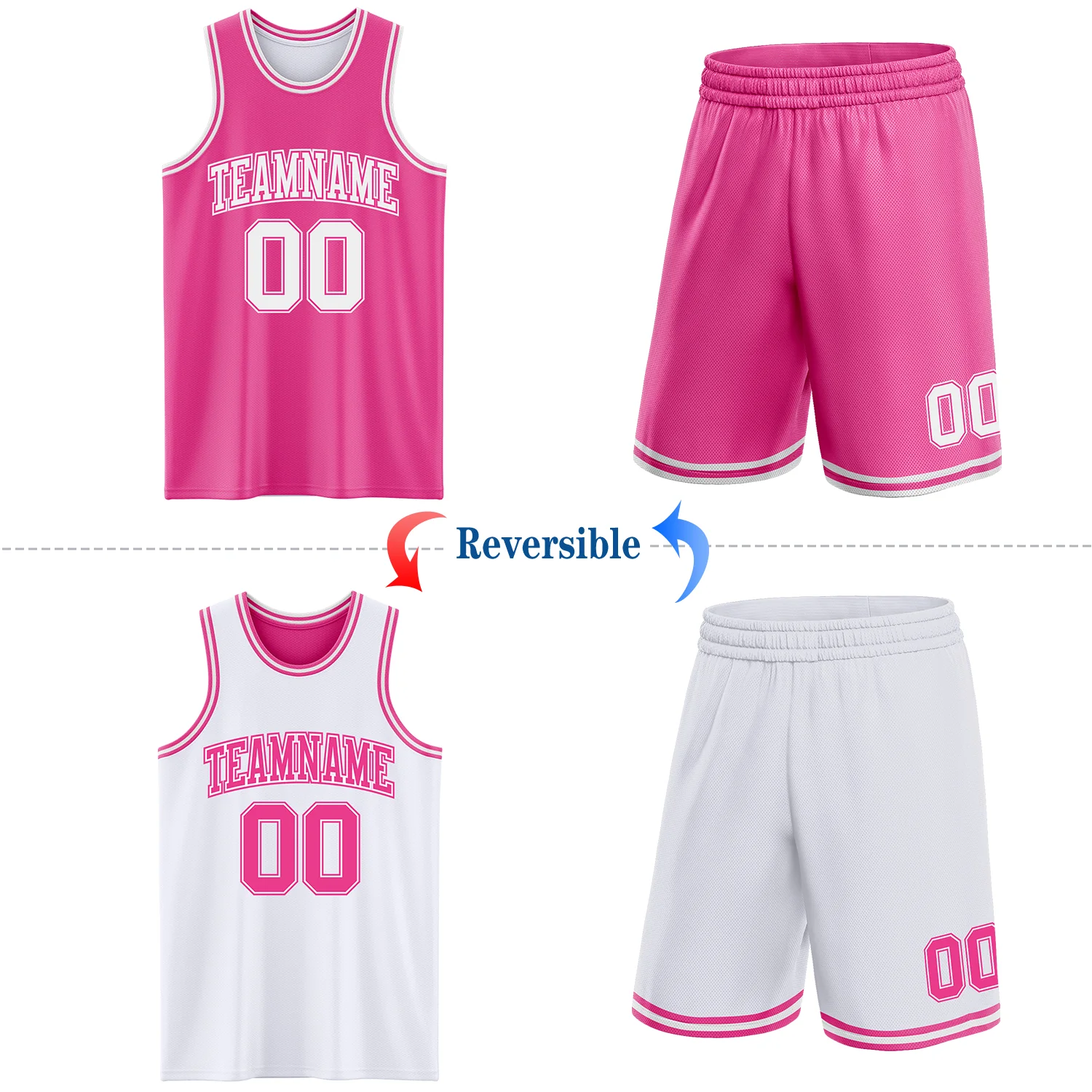Custom Pink White Reversible Double Side Sublimation Basketball Suit Jersey