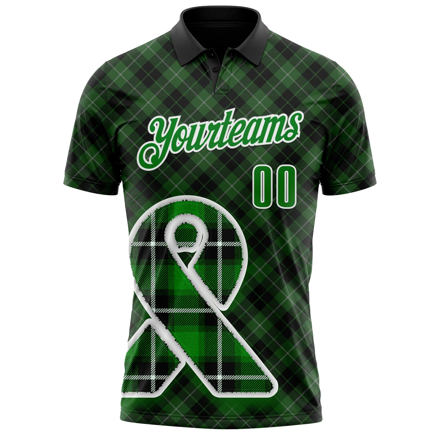 Custom Black Grass Green-White 3D Pattern Design Green Ribbon Liver Cancer Plaid Performance Polo Shirt