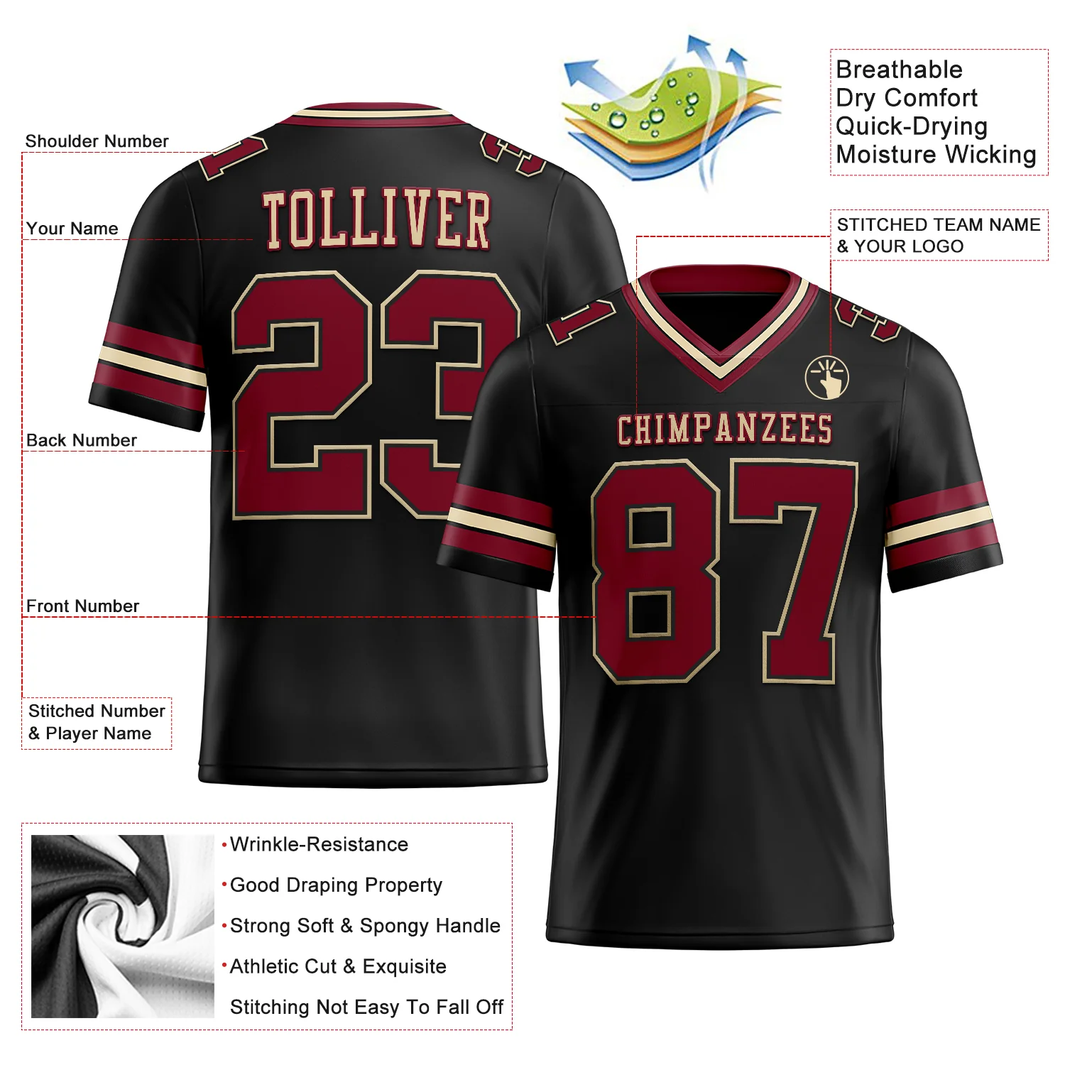 Custom Black Crimson-City Cream Authentic Football Jersey