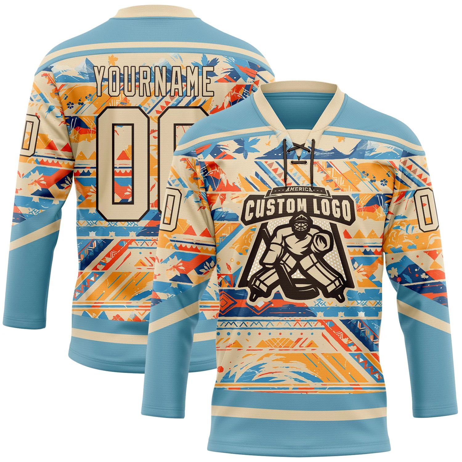 Custom Shadow Blue City Cream Brown-Orange 3D Pattern Tribal Indigenous Grunge Splash Hockey Lace Neck Jersey