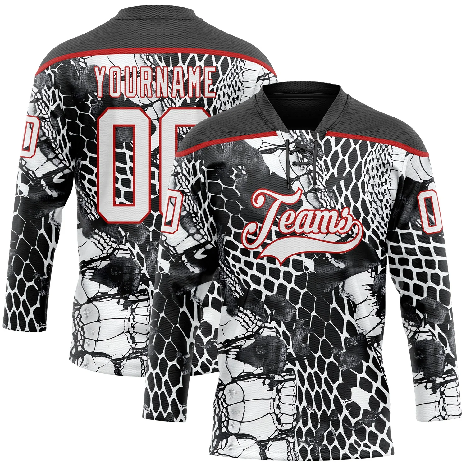 Custom Black White-Red 3D Pattern Snake Skin Print Hockey Lace Neck Jersey