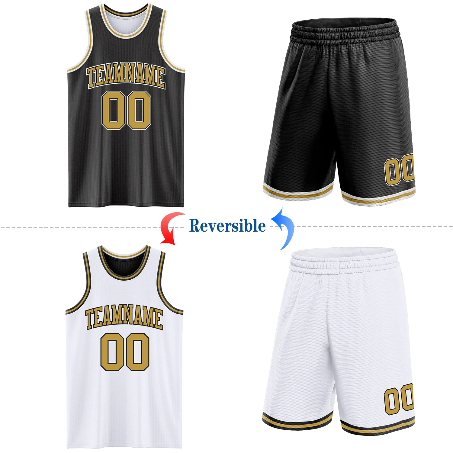 Custom Reversible Black Old Gold-White Double Side Sublimation Basketball Suit Jersey