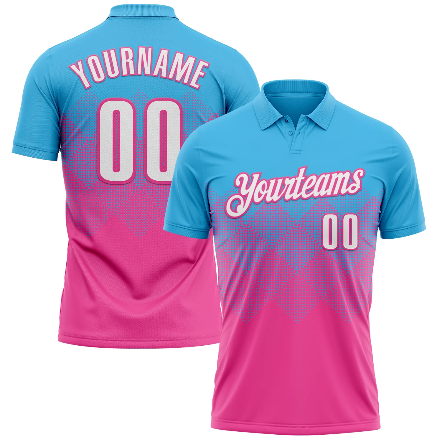 Custom Sky Blue White-Pink 3D Gradient Square Shape Performance Polo Shirt