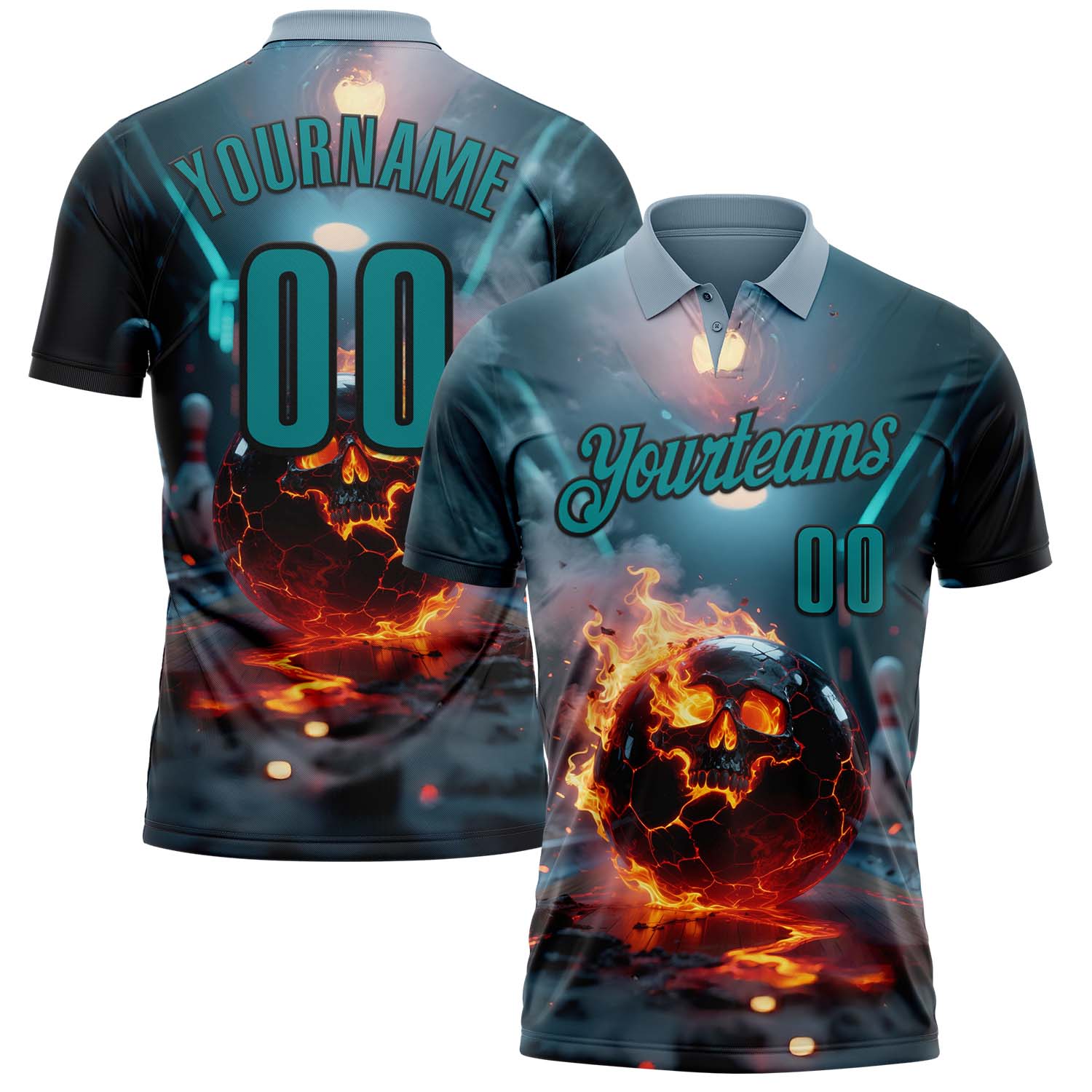 Custom Blue Teal-Black 3D Flame Skull Bowling Performance Polo Shirt