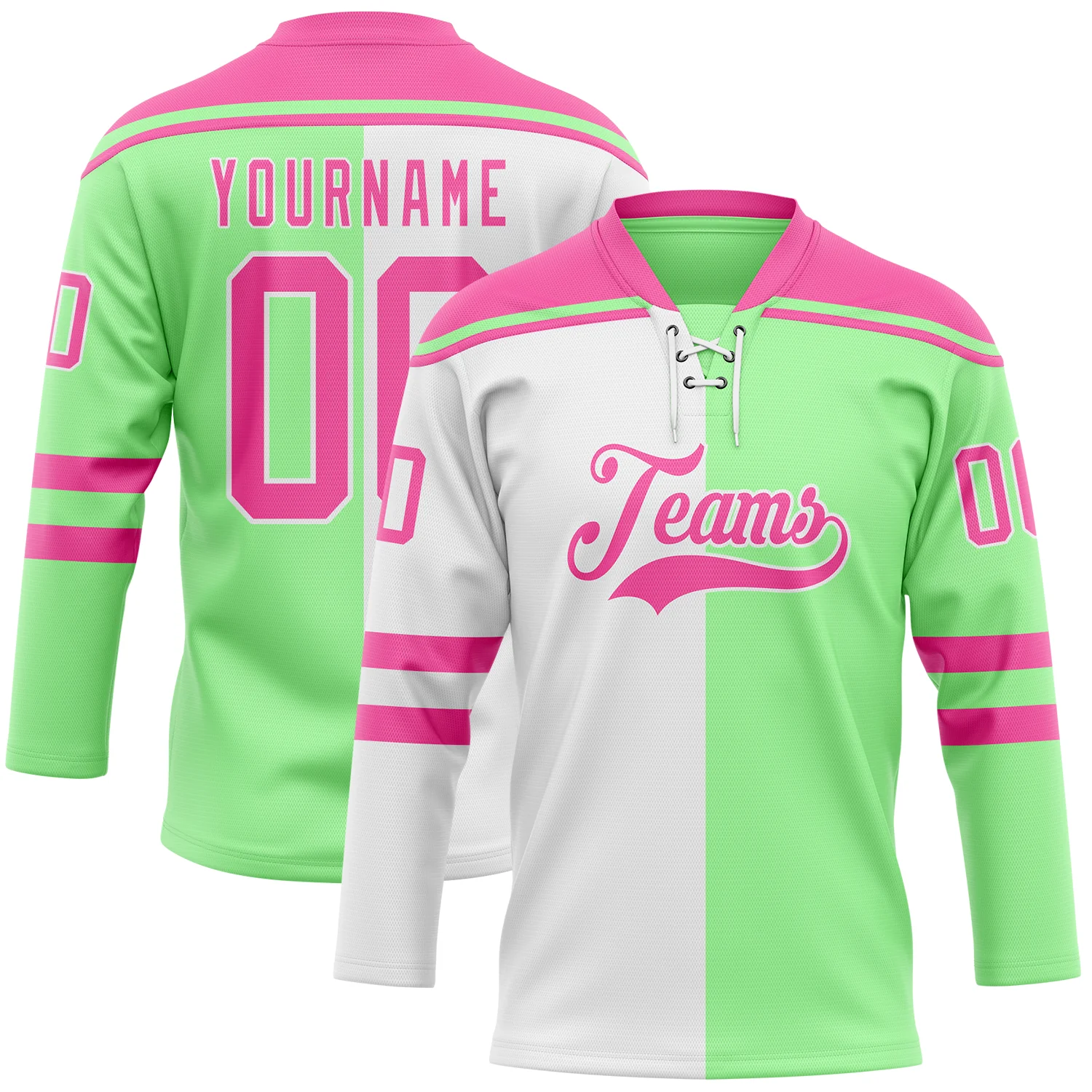 Custom Pea Green Pink-White Split Fashion Hockey Lace Neck Jersey
