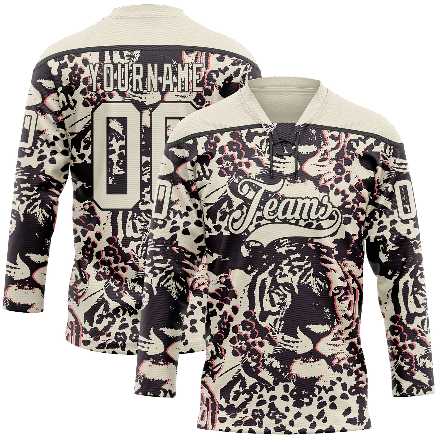 Custom Cream Black-Pink 3D Pattern Tiger Print Hockey Lace Neck Jersey