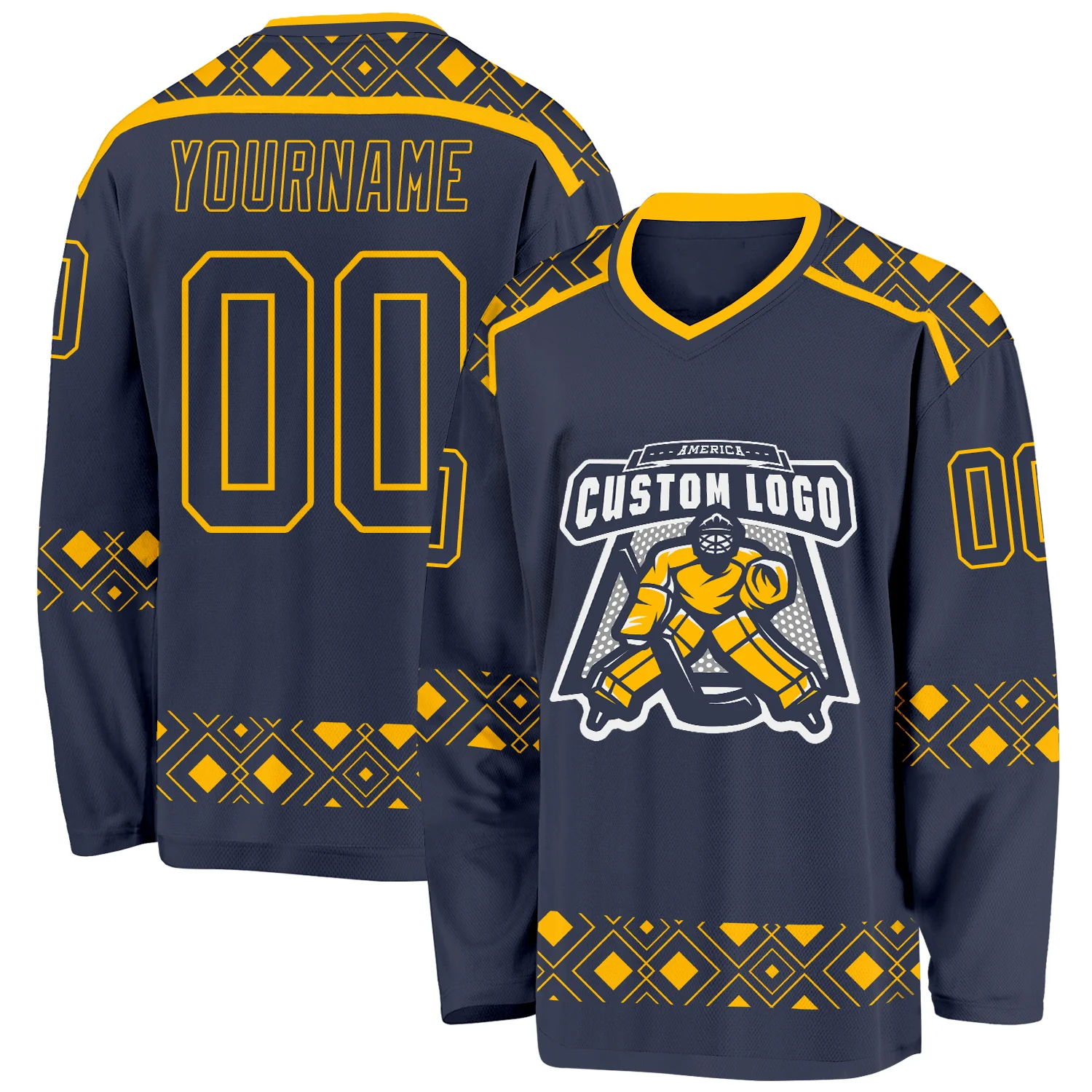 Custom Navy Gold 3D Pattern Plaid Hockey Jersey